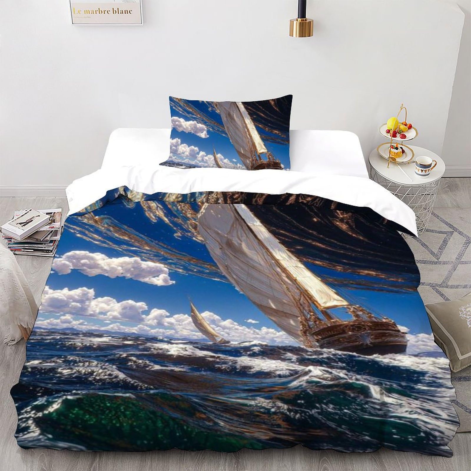 Parure de lit bateau à voile anti-plis pour lit simple de garçon