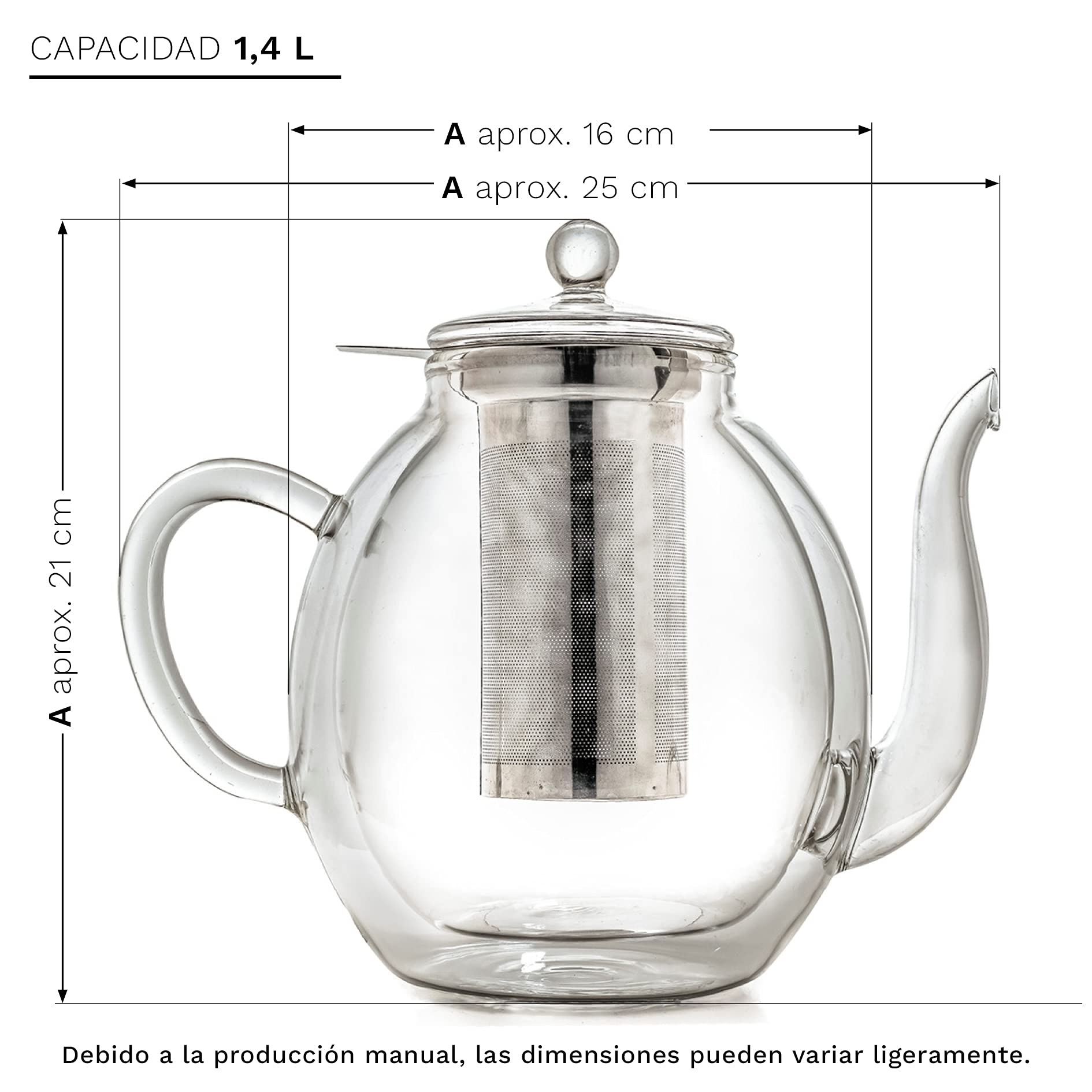 Creano Tetera de Vidrio de Doble Pared 1,4L con Filtro de Acero Inoxidable – Tetera Isotérmica Antigoteo para Té y Flores