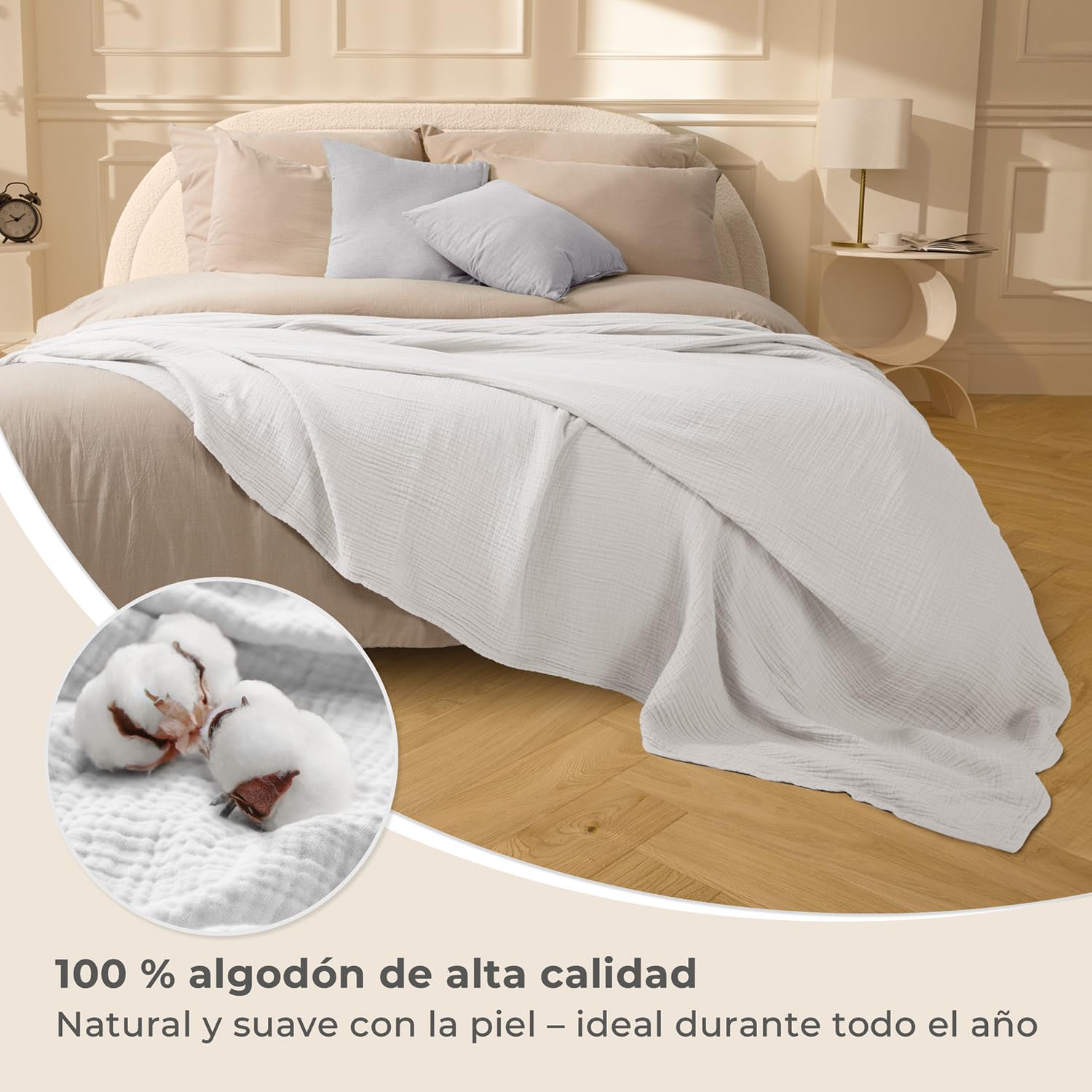 LAYNENBURG Colcha de Muselina Premium 220 x 240 cm - 100% algodón - Manta de algodón Extra Suave como Manta acogedora, Manta de Cama, Manta de sofá, Manta de sofá (Blanco)