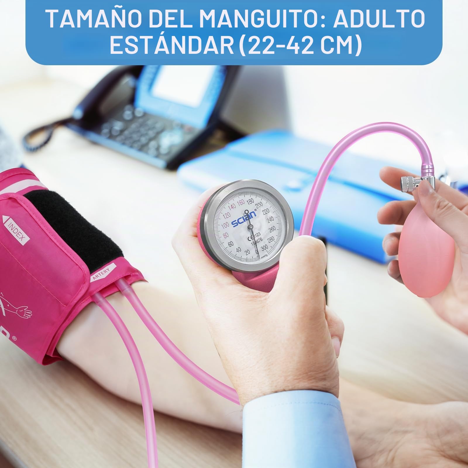 Tensiómetro manual SCIAN - esfigmomanómetro aneroide con manguito europeo (22-42 cm) y anillo en D, incluye estuche de transporte para enfermeras, médicos, personas mayores, adultos （rosa）