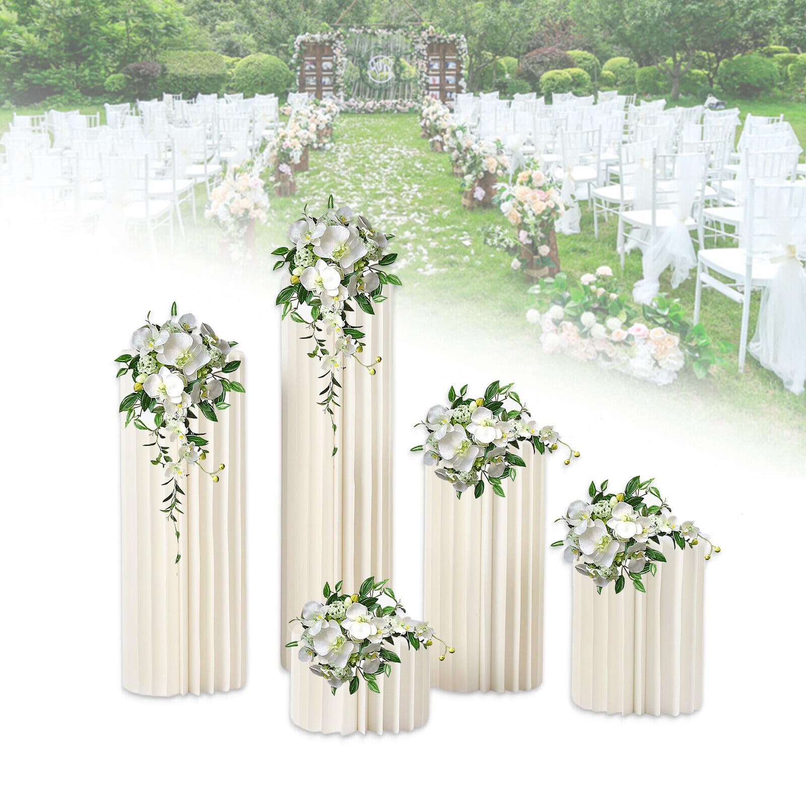 Pappe Hochzeit Blumenständer, 5 Größen Weiß Hochzeit Vasen Set Tragfähigkeit 50kg Jede und faltbar für Einweihungen Jahrestage Geburtstage Hochzeiten