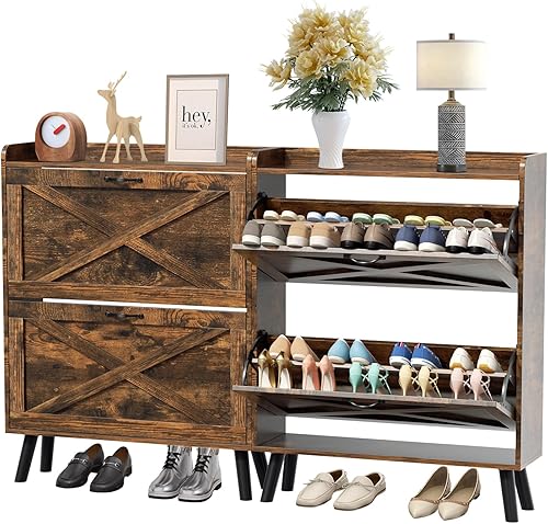 Miniatura 5 de SOLAURA Armario de almacenamiento de zapatos con 2 cajones abatibles, zapatero independiente para entrada, organizador de zapatos oculto con patas