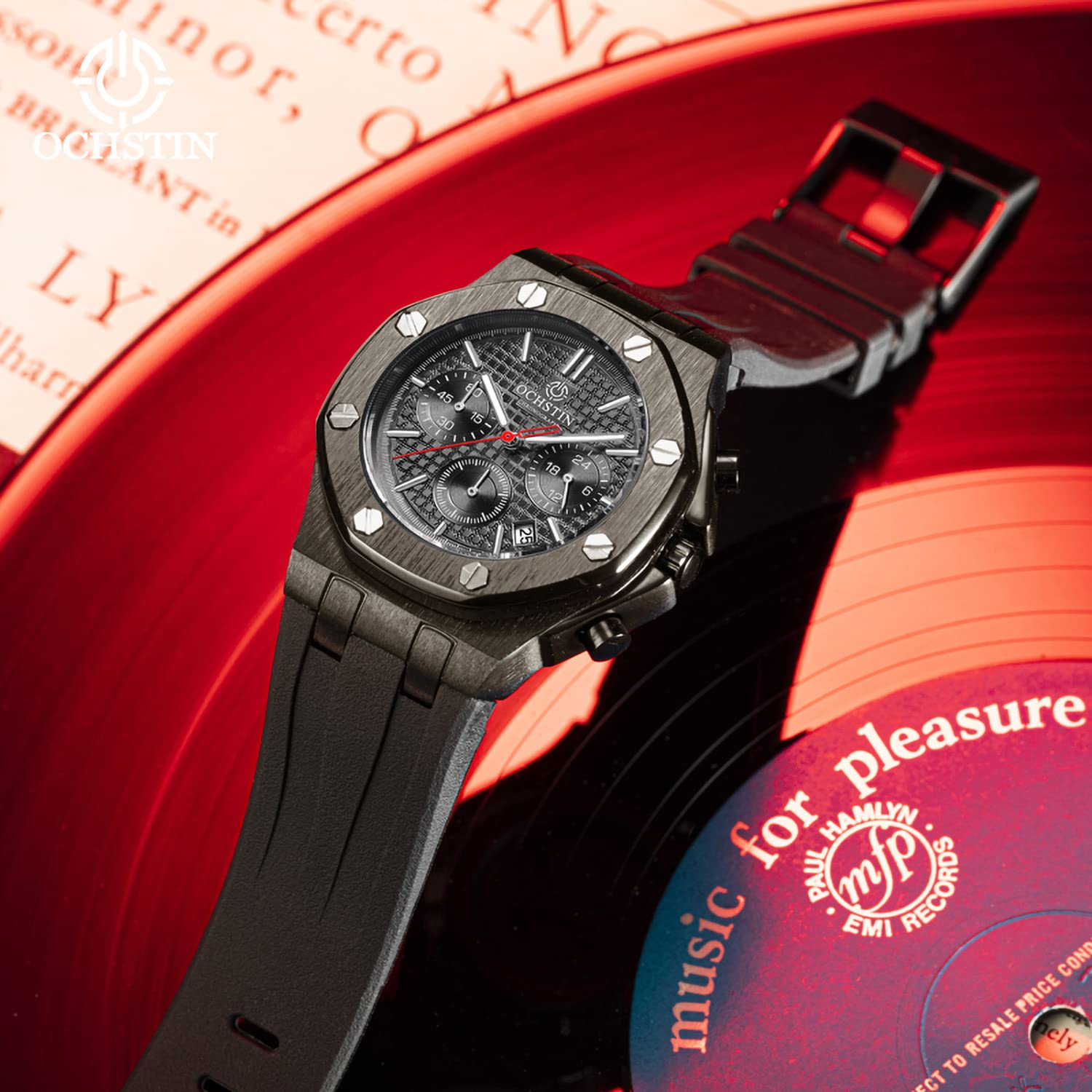 TEINTOP Ochstin Precision Chronograph męski zegarek biznesowy męski ośmiokątne zegarki, Silikon czarny, Gotycki