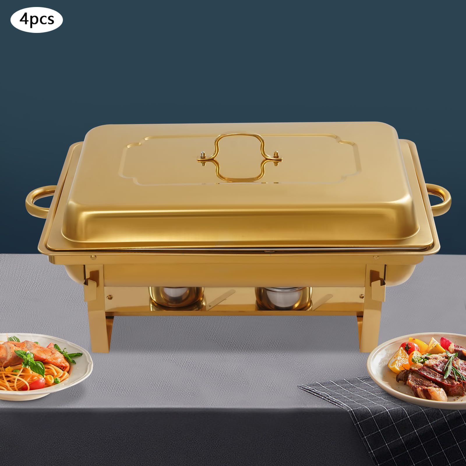 4 Set Chafing Dish Edelstahl Buffet Set,Hot Pot Buffetgeschirr,Wärmebehälter Rechaud für Catering, Buffet und Party(Gold)