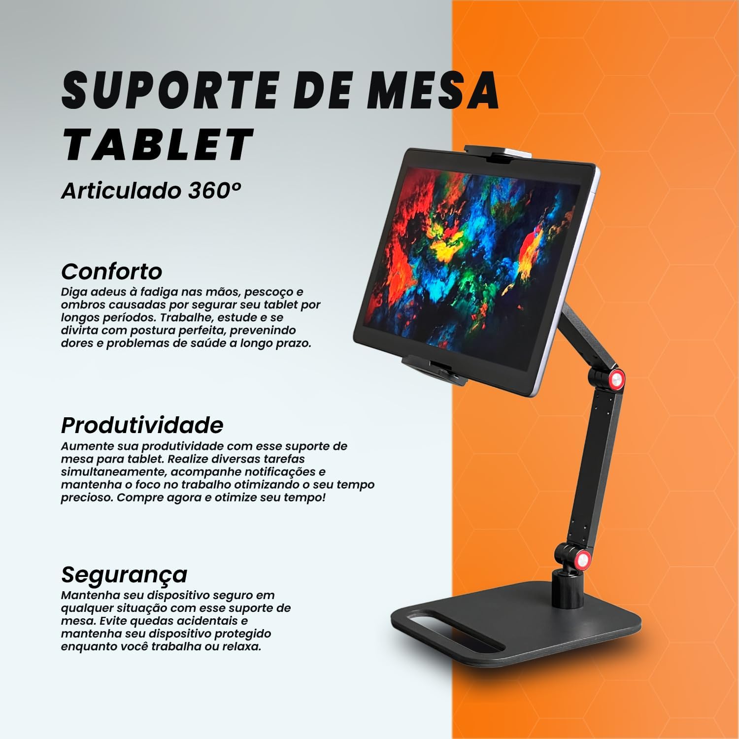 Suporte de Mesa para Tablet com Base Giratória 360° em Alumínio Resistente com Pedestal e Braço Articulável Ajustável Dobrável e Retrátil na Vertical Compatibilidade Universal com Tablets (Preto) 2 71Gkjhd5wCL. AC SL1500