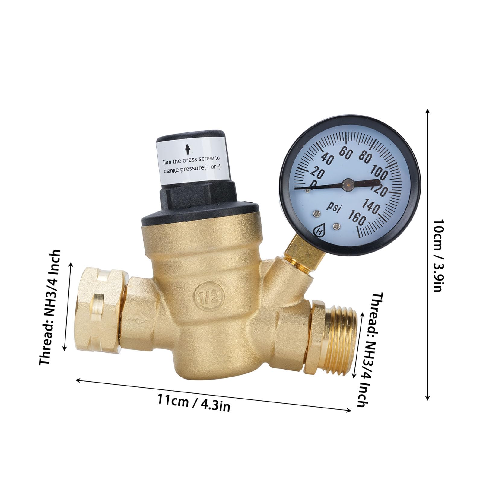 3/4 Pouce Reducteur De Pression Eau, Rv Regulateur De Pression D Eau RéGlable Avec 0-160 Psi Manometre Et Filtre, Laiton RéDucteur De Pression D'Eau Limiteur Pour Camping-Car Et Caravane