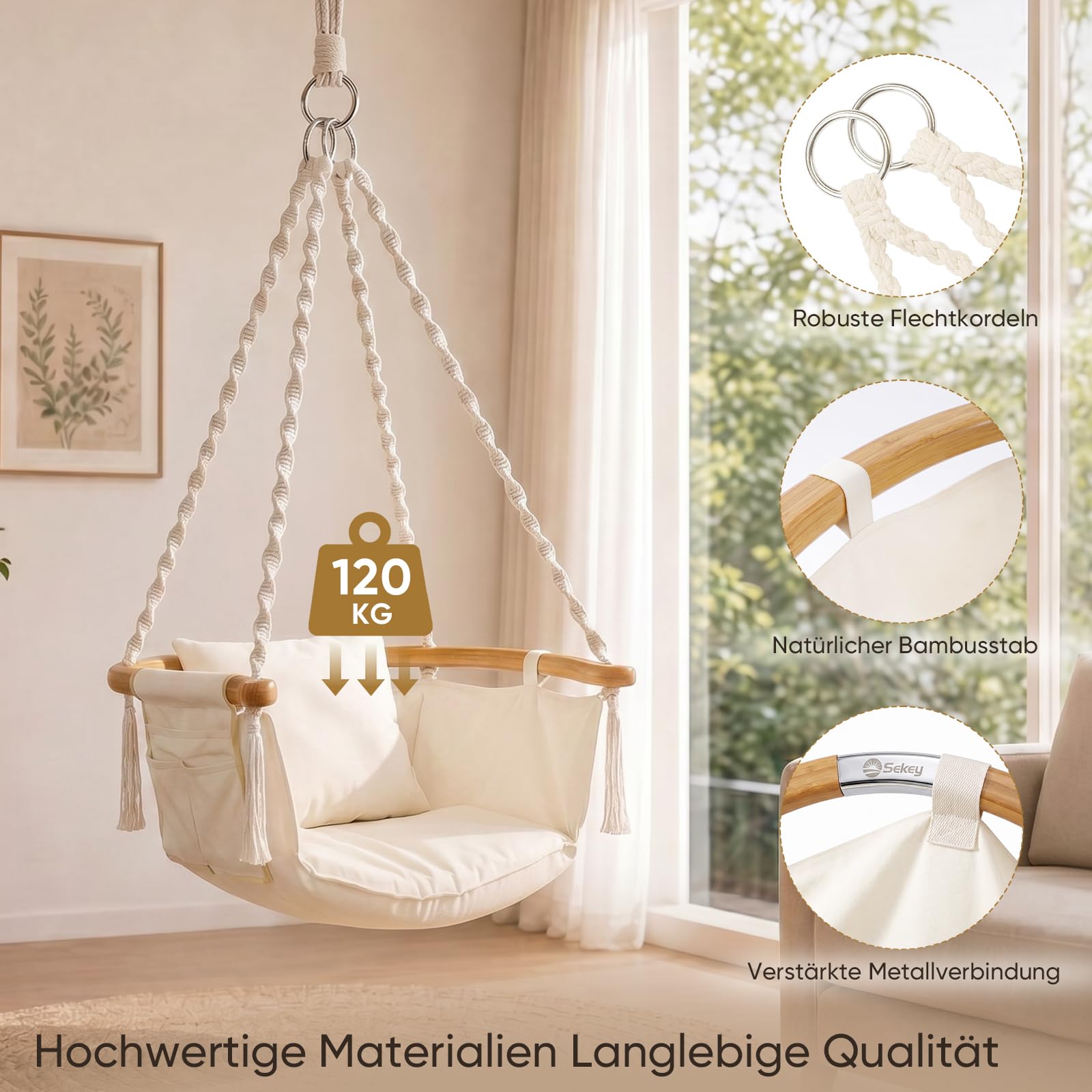 Sekey Hängesessel mit Flexibler Seitentasche & Kissen - Boho Hängestuhl bis 120 kg - Gebogener Bambusstab & Spiralseile - Hängeschaukel für Balkon, Garten & Indoor, Beige