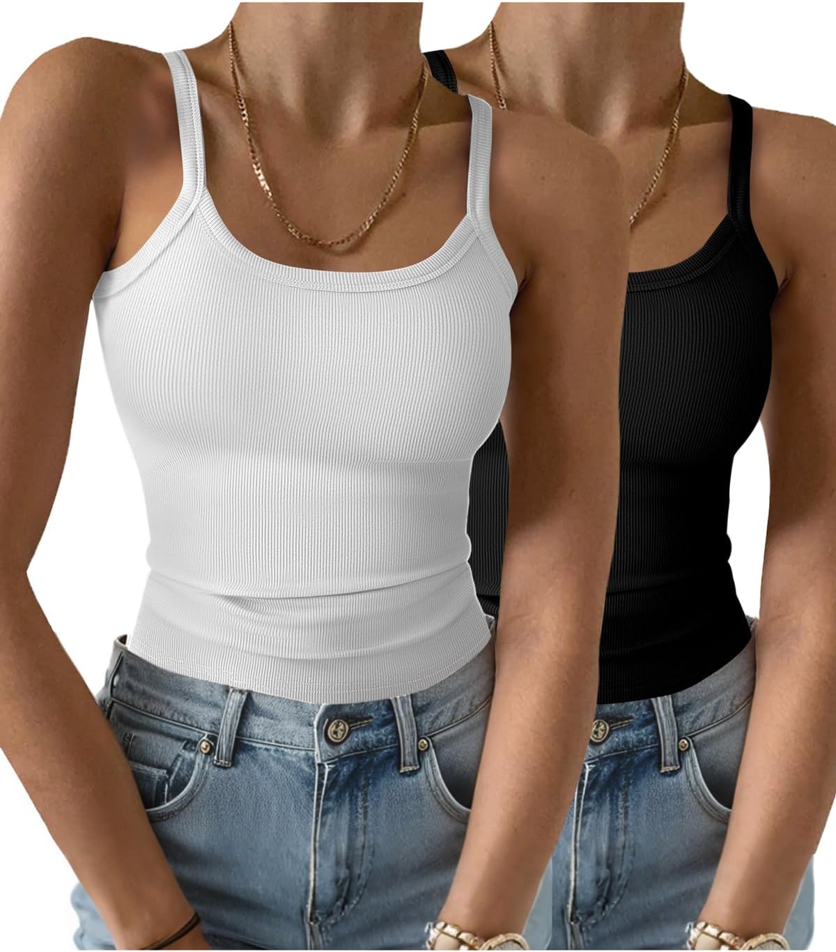 GKBK 2 Pack Womens Sleeveless Tank Top Form Fitting Spaghetti Strap Scoop Neck Ribbed Knit Basic Cami Layering Shirts