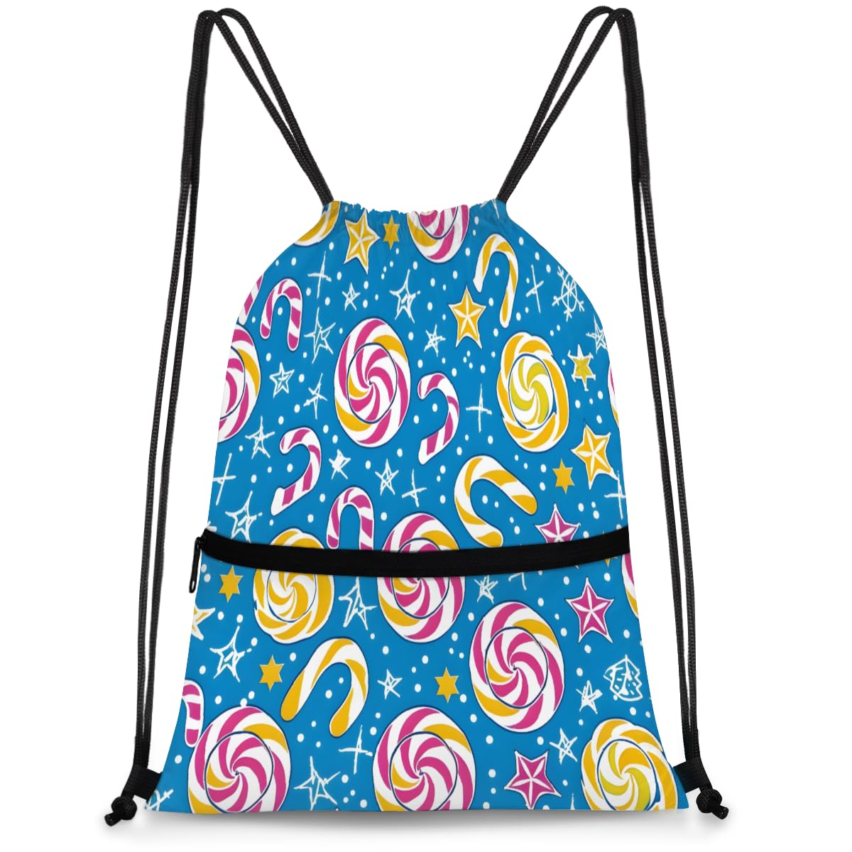 QsirBC Festive Candies Mix Drawstring Bag for Men &amp; Women, Gym Sports Backpack with Zipper Pocket, Lightweight String Sackpack for Travel, Running, Hiking, Workout