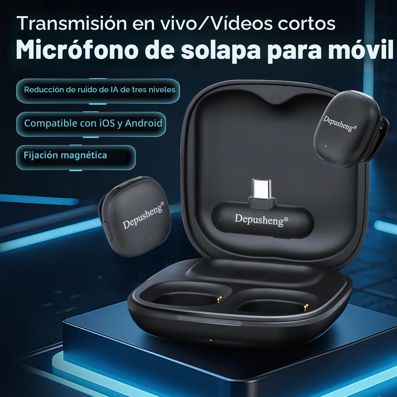 Depusheng V2 - 2 micrófonos Lavalier inalámbricos para iPhone, iPad y Android con estuche de carga, 8 horas de autonomía, micrófono de solapa para grabación de vídeo, vlogging, YouTube, entrevistas, 3