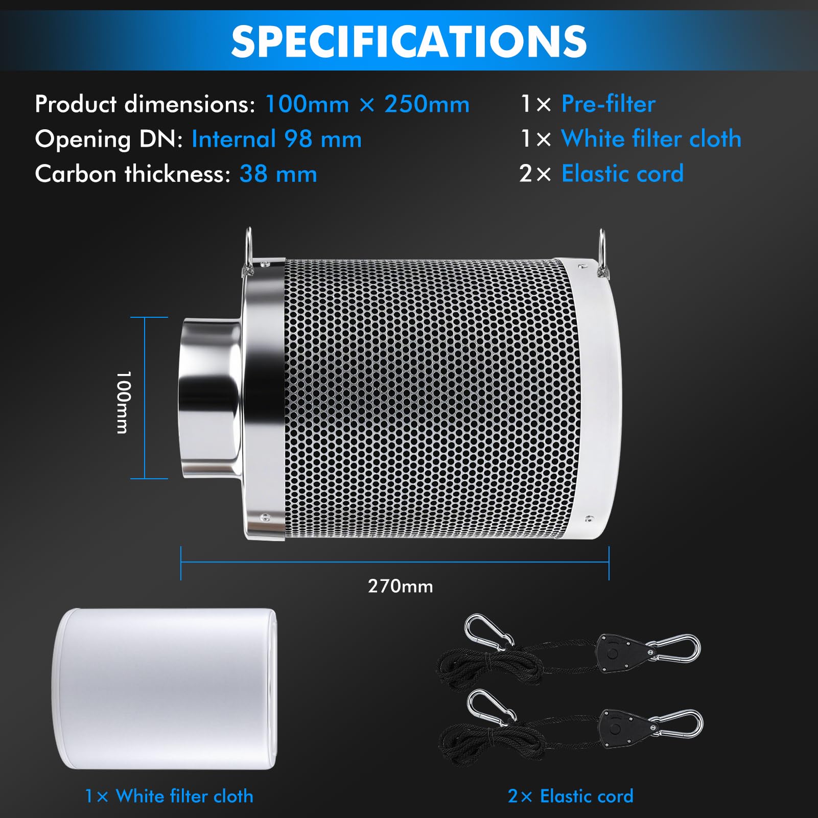 Filtro de Carbón Activo 100mm con Cuerda,Espesor de la Capa de Carbono de 38 mm,para Tentes de Cultivo,Ventiladores en Línea y Cultivo Interior