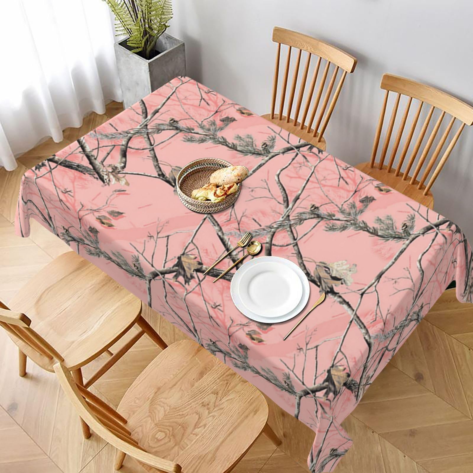 BNVSADC Pink leaves Camouflage Printed Rectangle Tablecloth 228x152 CM, Water Resistant Polyester Table Cloth Decorative Fabric Table Covers for Kitchen Dining Table Parties Camping
