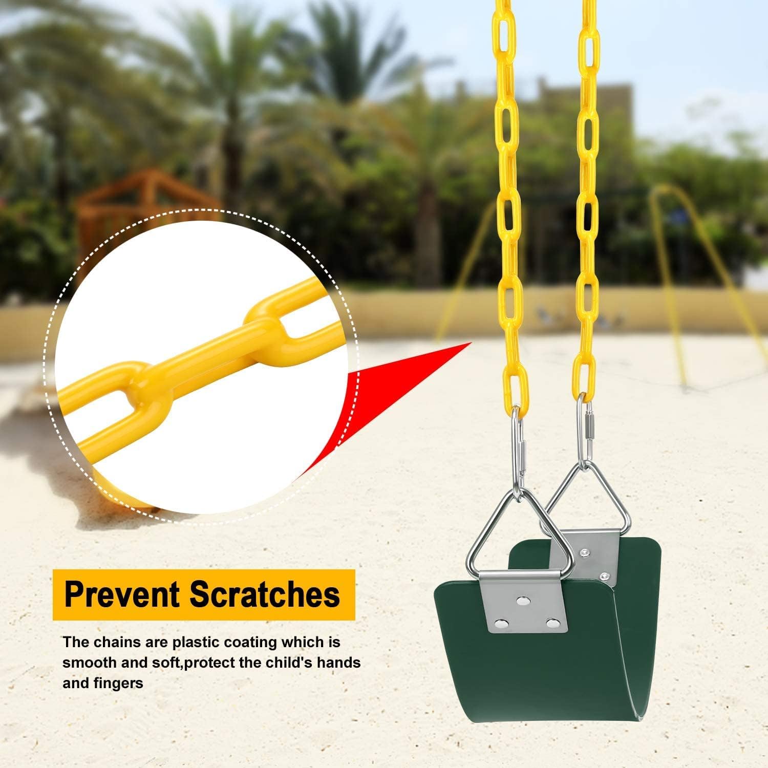 REZNOR Heavy Duty Flexible Swing Seat with Metal Triangle Ring, 60" Anti-Rust Chain Set for Kids & Adults, Playground, Jungle & Gym (Green/Yellow)