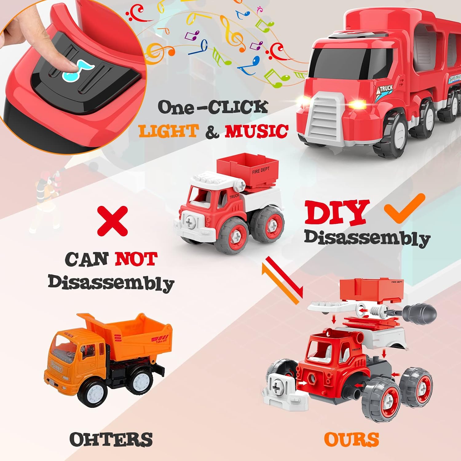 LASCOTON Fire Truck Toy Cars for 3 4 5 6 Year Old Boys Toddlers, DIY 5 in 1 Friction Power Car Carrier Trailer, Christmas Birthday Gifts for Kids, Construction Toys with Sound & Light