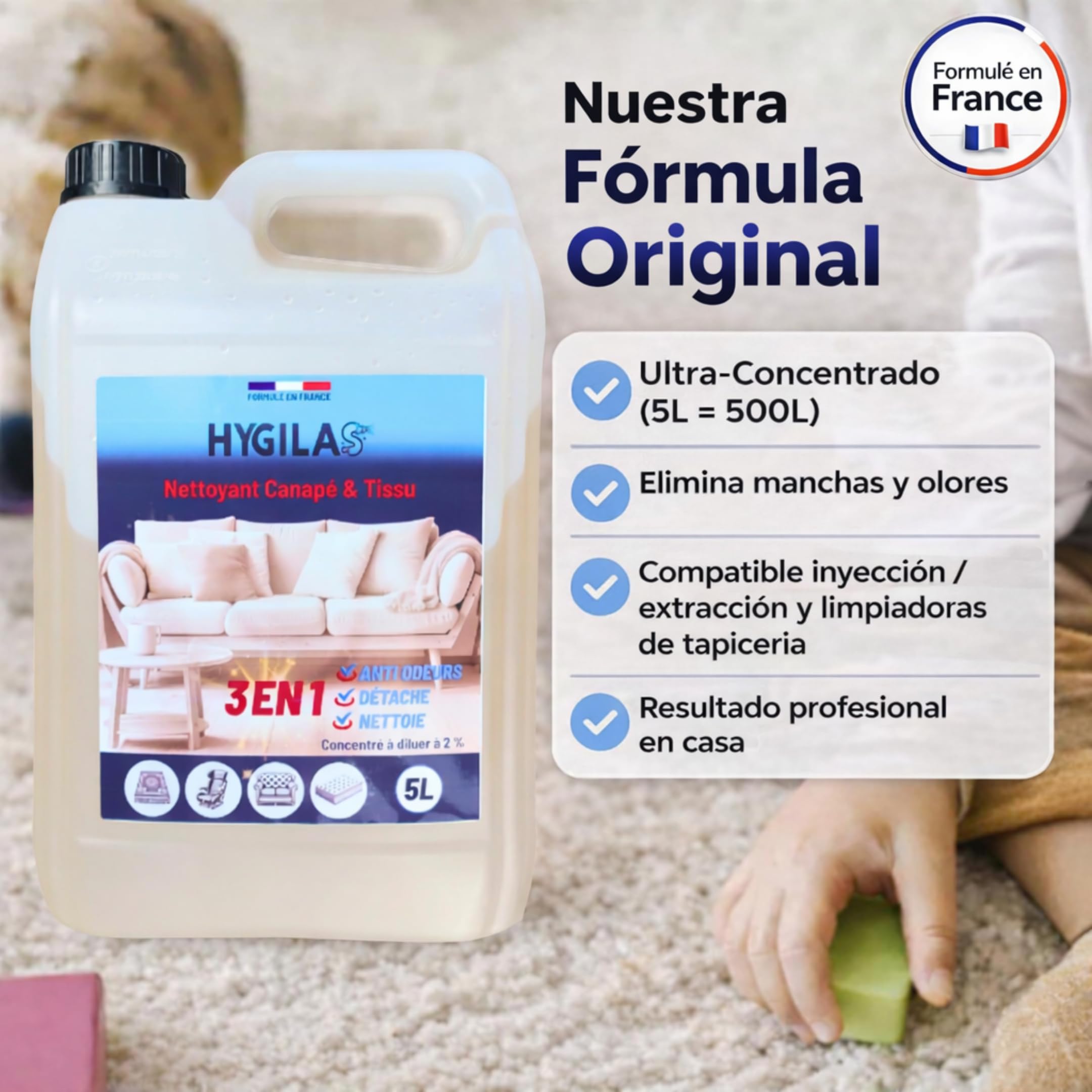 HYGILAS Limpiador Tapicerías Sofá 5L Profesional | Ultra Concentrado (500L) | Elimina Manchas y Olores | Compatible Inyector Extractor, Alfombras y Asientos Coche