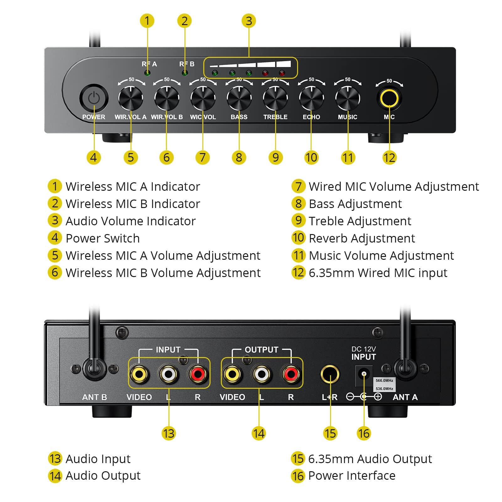PROZOR UHF Funkmikrofon Set 2X Drahtlos Dynamisch Mikrofone + 2-Kanal UHF Empfänger Festfrequenz Bluetooth Empfänger RCA AV Receiver Mikro Karaoke Handmikrofon System