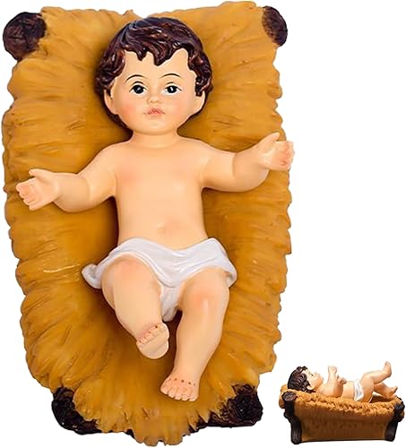 Nativity Baby Jesus Figurine - Juego de belén de resina para Navidad, estatua pintada de Jesús en un pesebre para decoración navideña del hogar