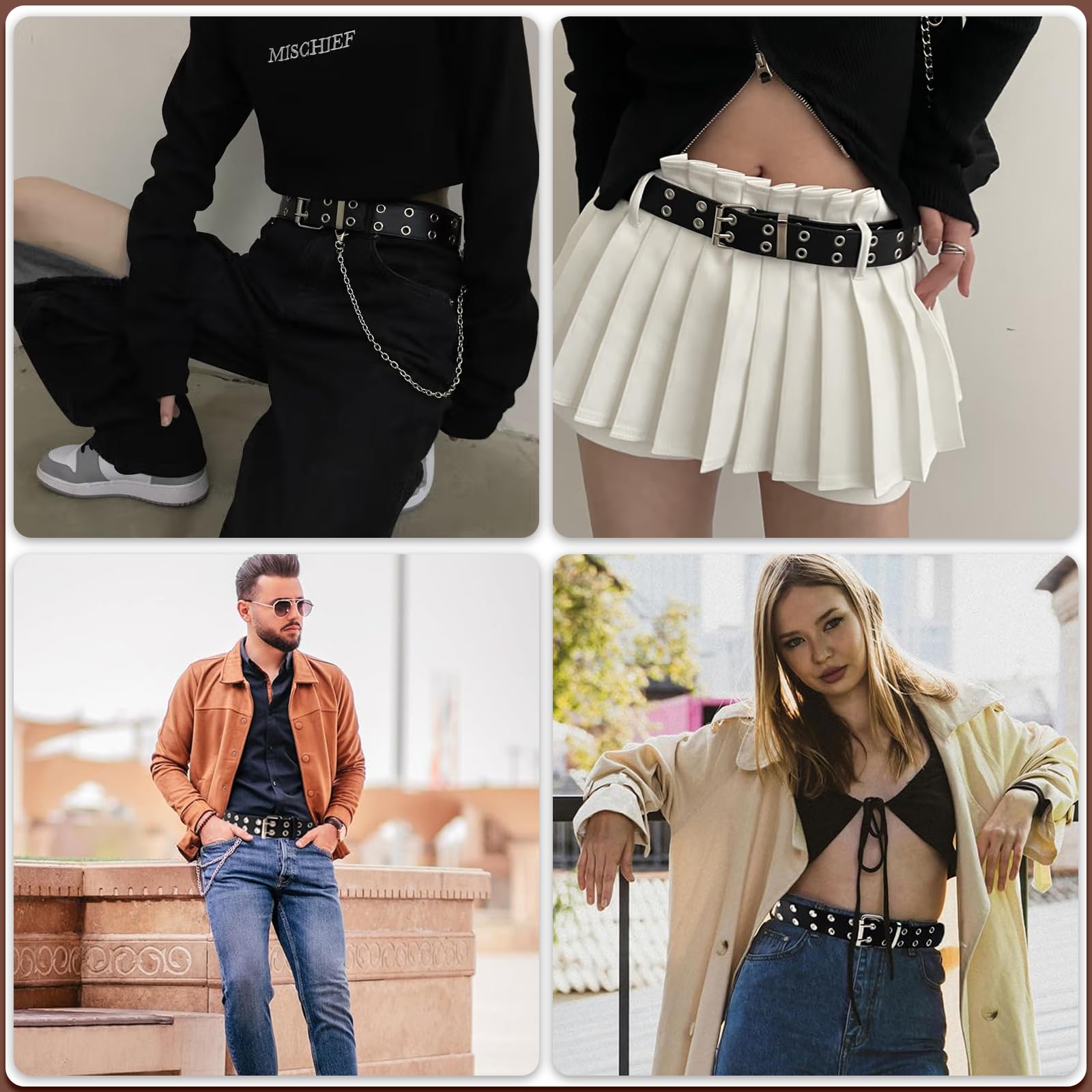 2 Piezas Cinturón para Niña, Cinturones de punk rock para hombres y mujeres, Cinturón de Cuero de PU Moda, Accesorios de Vestir, Cinturón de Doble Ojal, para jeans, pantalones, rockwear