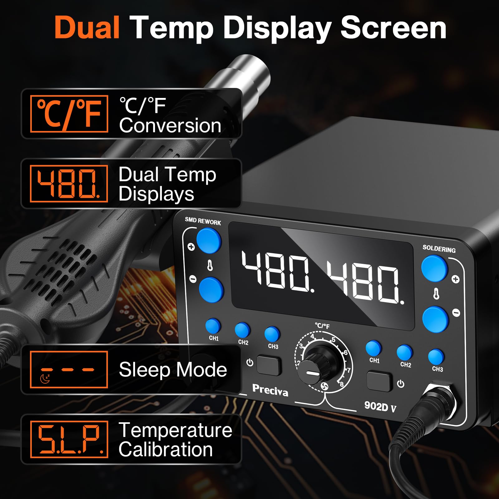 Preciva Stazione Saldante ad Aria Calda 2 in 1 750W Display Digitale Stazione di Saldatura Rework SMD Saldatore Stagno Professionale 100-480°C Temperatura Regolabile con Kit di Saldatura