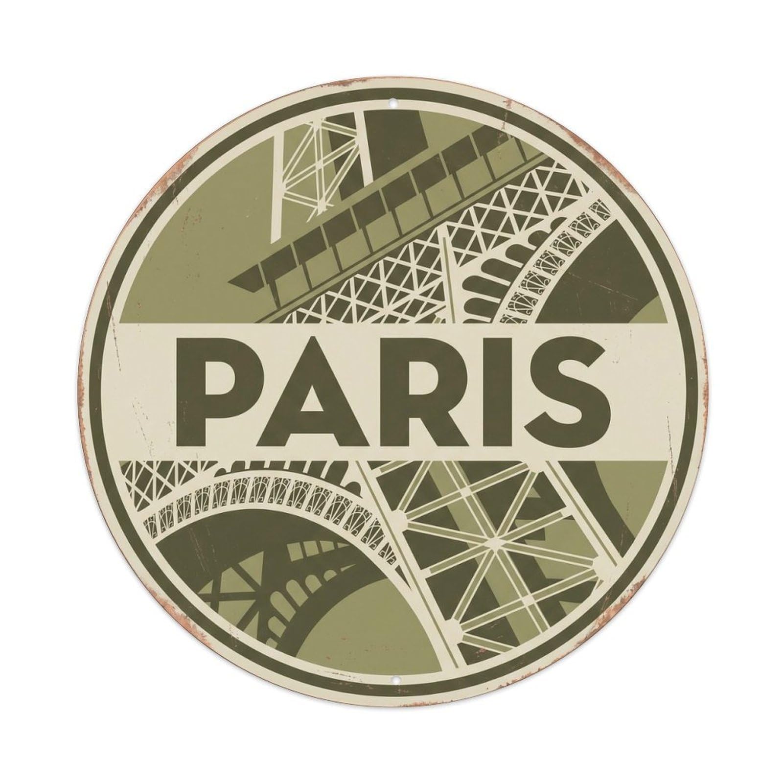City Landmark Paris France Classic Destination Heritage Metal Tin Sign Plaque Wall Decor for Cafe, Man Cave, Club Bar, Office, Home Garden Round Metal Poster 8x8Inch