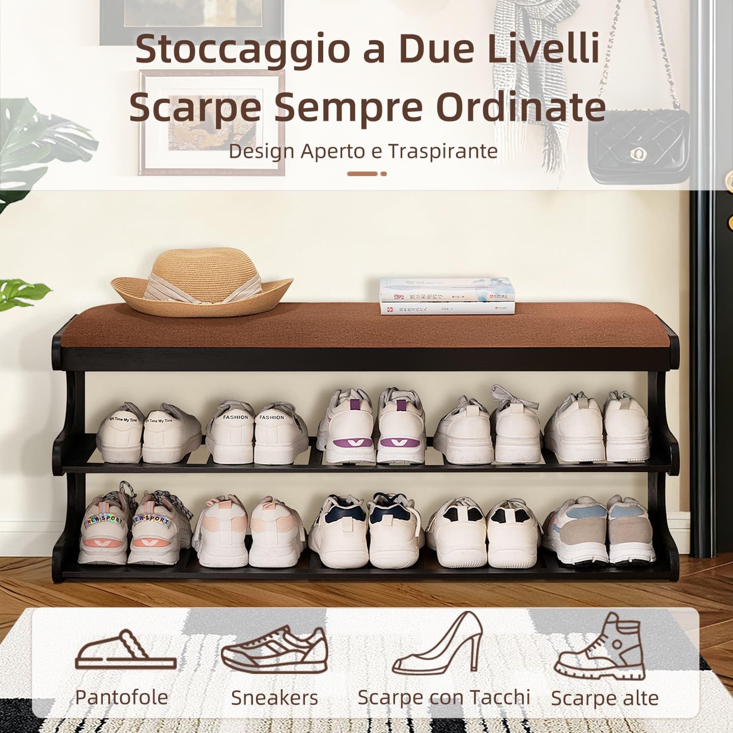 Panca Scarpiera Bambù con Seduta Imbottita, Porta Scarpe (cuscino bianco)