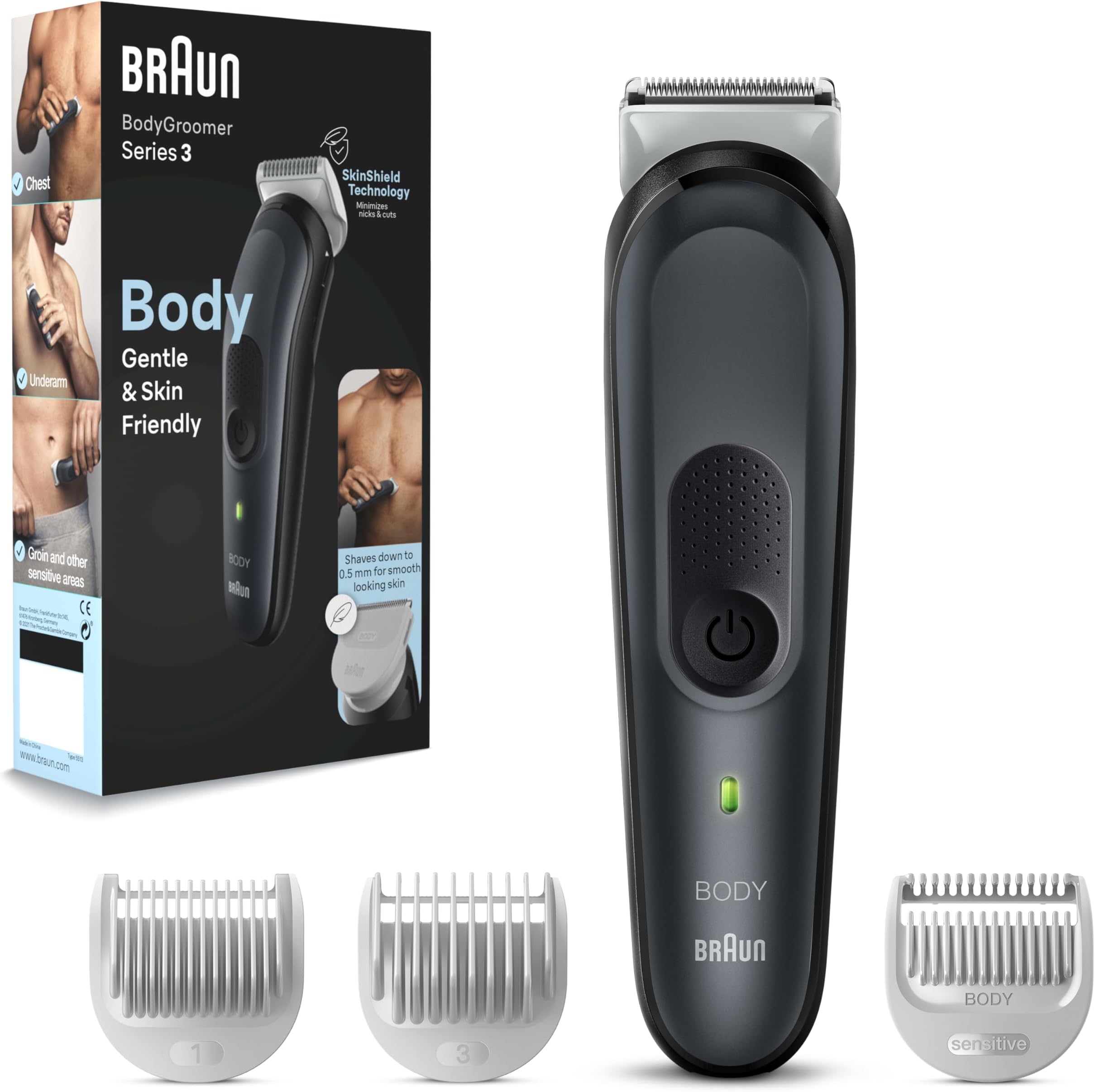 Braun Body Groomer 3 for Men, BG3340, Body Hair Trimmer with SkinShield Technology, Lifetime Sharp Metal Blade, Braun Body Trimmer for Men, Sensitive Comb, Gray/Black