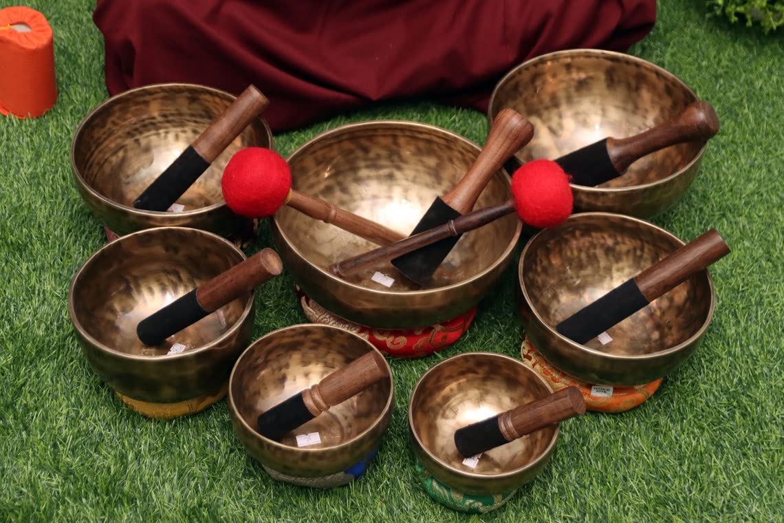 Generic Monk - Set di 7 campane tibetane spirituali, con 7 note chakra, occhio di tigre, per meditazione