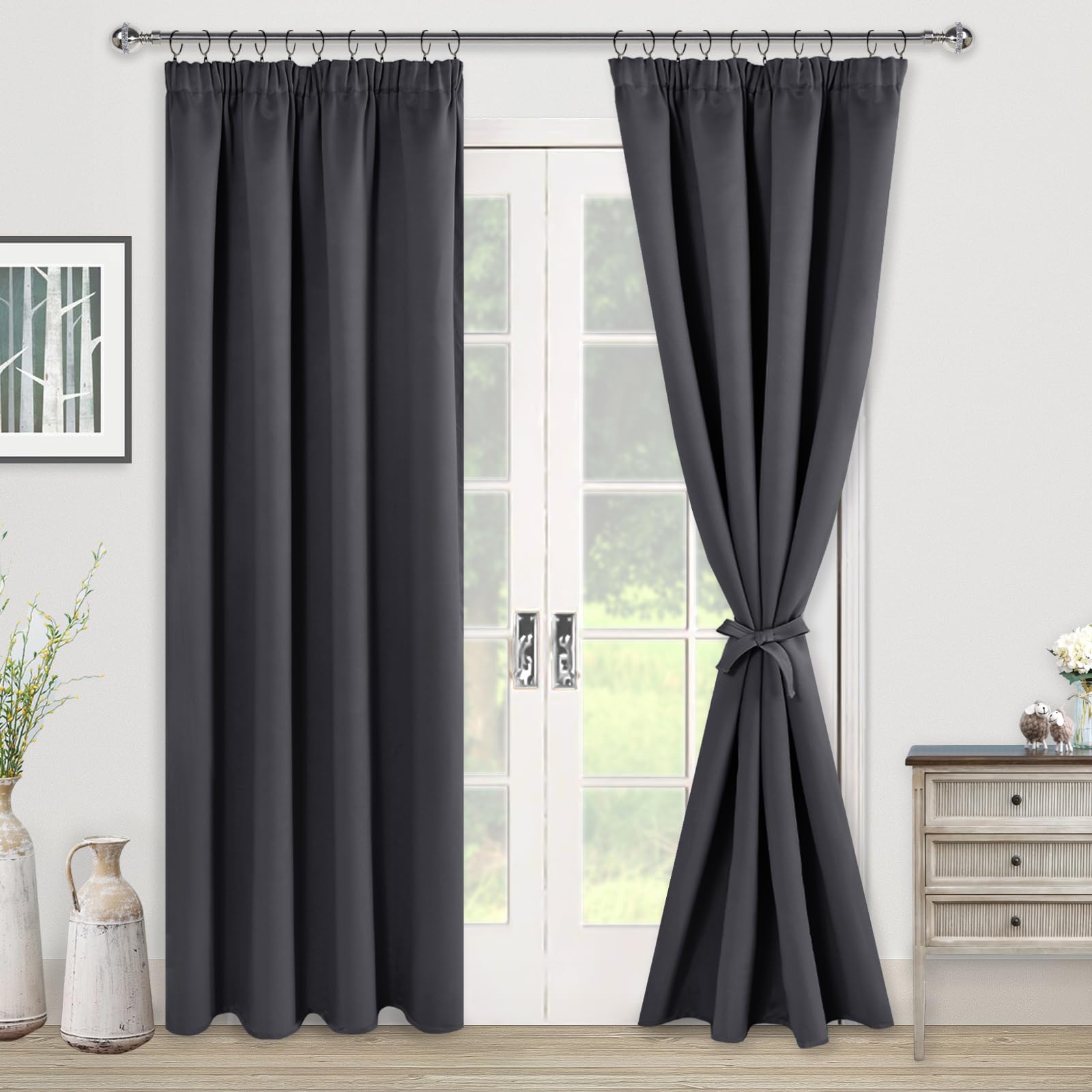JIUZHEN Opaque Curtains with Ruffle Tape, Blackout Curtains, Living Room, Bedroom, Thermal Curtain, Dark Grey - Image 2