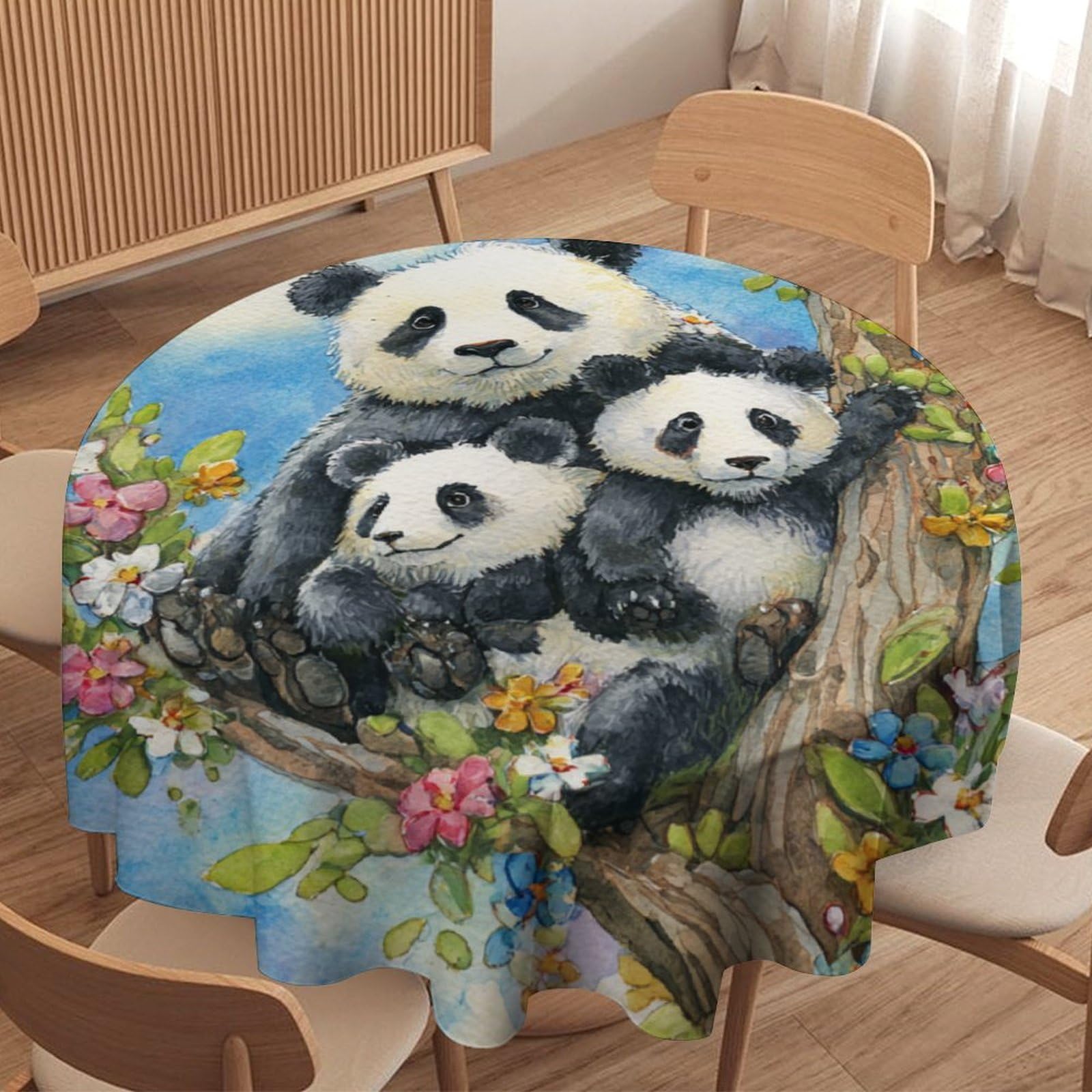 LUYYSKY Funny Realistic Wildlife Pandas Round Tablecloth Rustic Modern Spring Plants Tree Animals Pandas Butterflies Print Washable Decor for Table Cover for Kitchen-127 Wx127 L cm