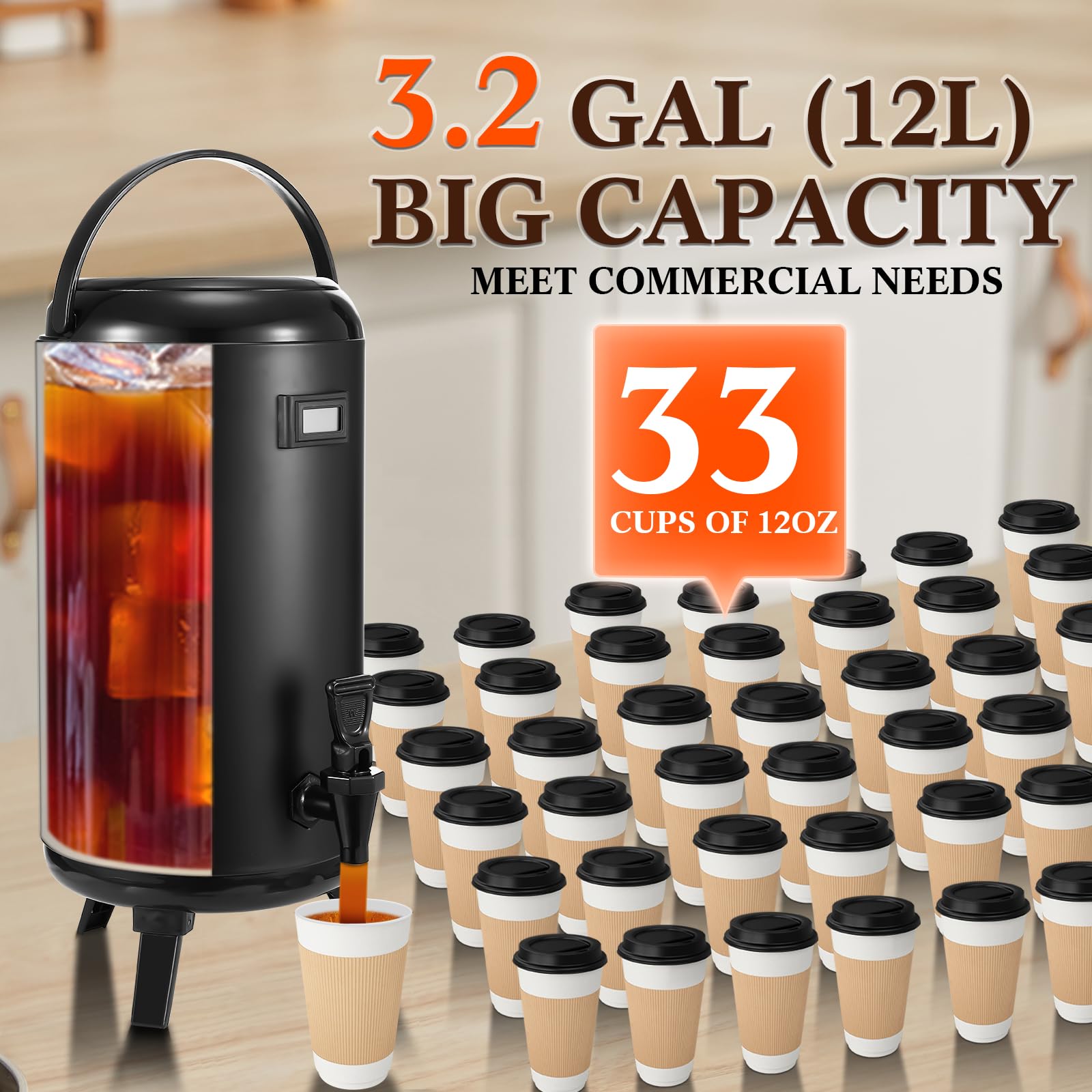 Tioncy 2 Pcs Insulated Beverage Dispenser Stainless Steel Hot and Cold Drink Dispenser with Spout and Thermometer Tea Dispenser for Party Milk Juice Coffee Tea Drink, Black (3.2 Gallon/ 12 L)