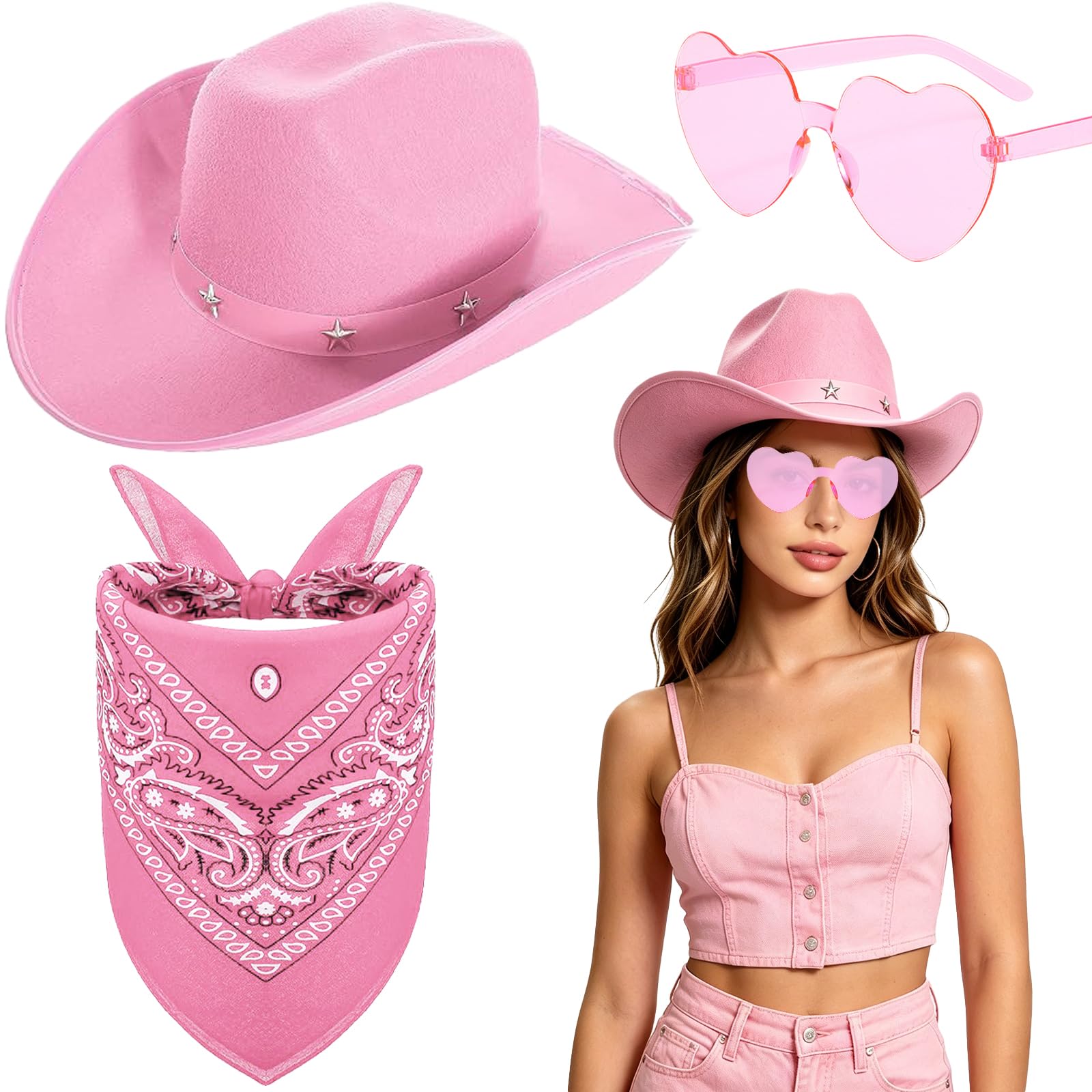 Lrrtdepy 3Pcs Cowboy Hat Set for Women Women, Wild Western Cowboy Hat for Party (Black)