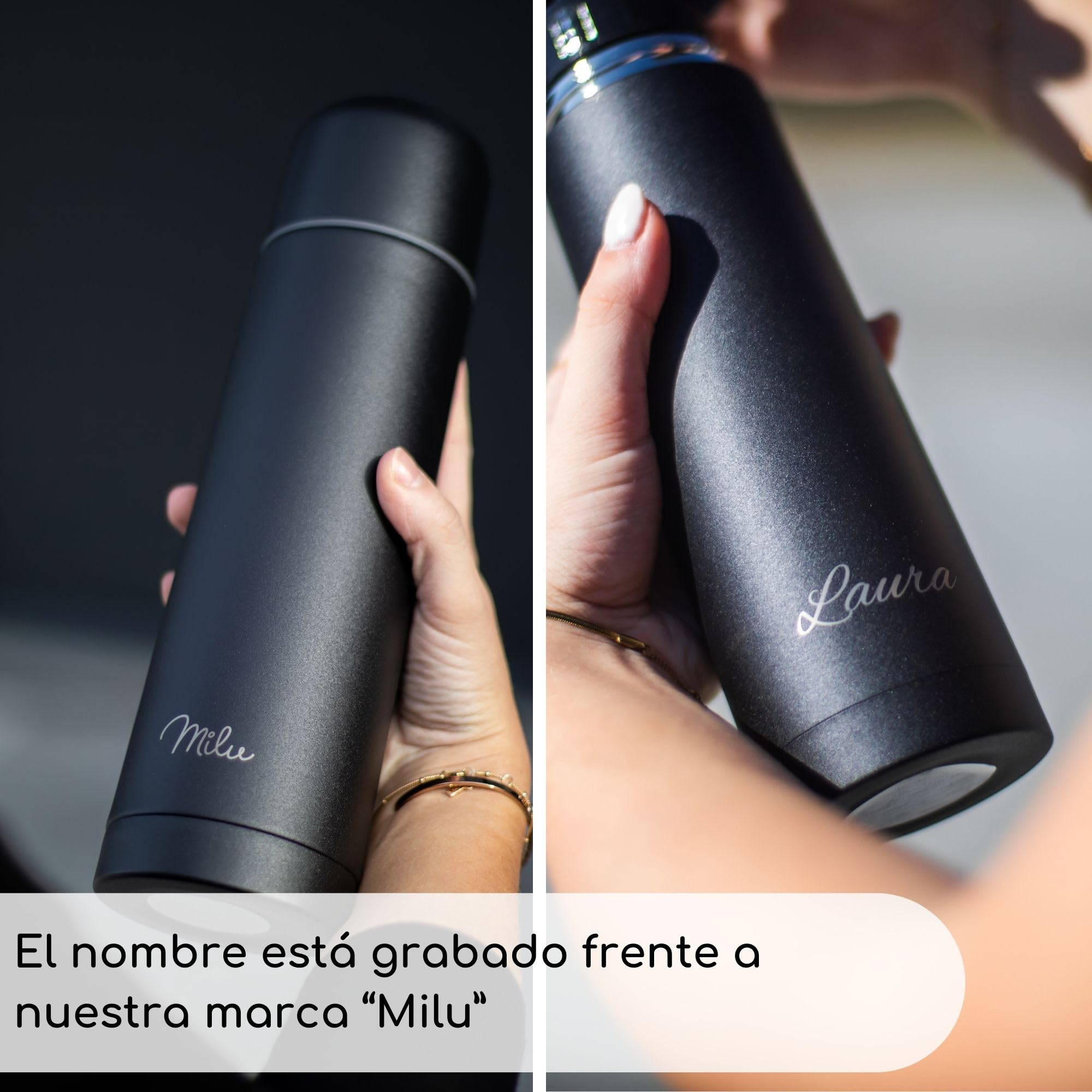 Milu Termo con grabado de 1 L, 750 ml, 500 ml, idea de regalo, regalo personalizado con nombre de Navidad para hombres, mujeres, mamá, papá, novia, (500 ml + grabado)