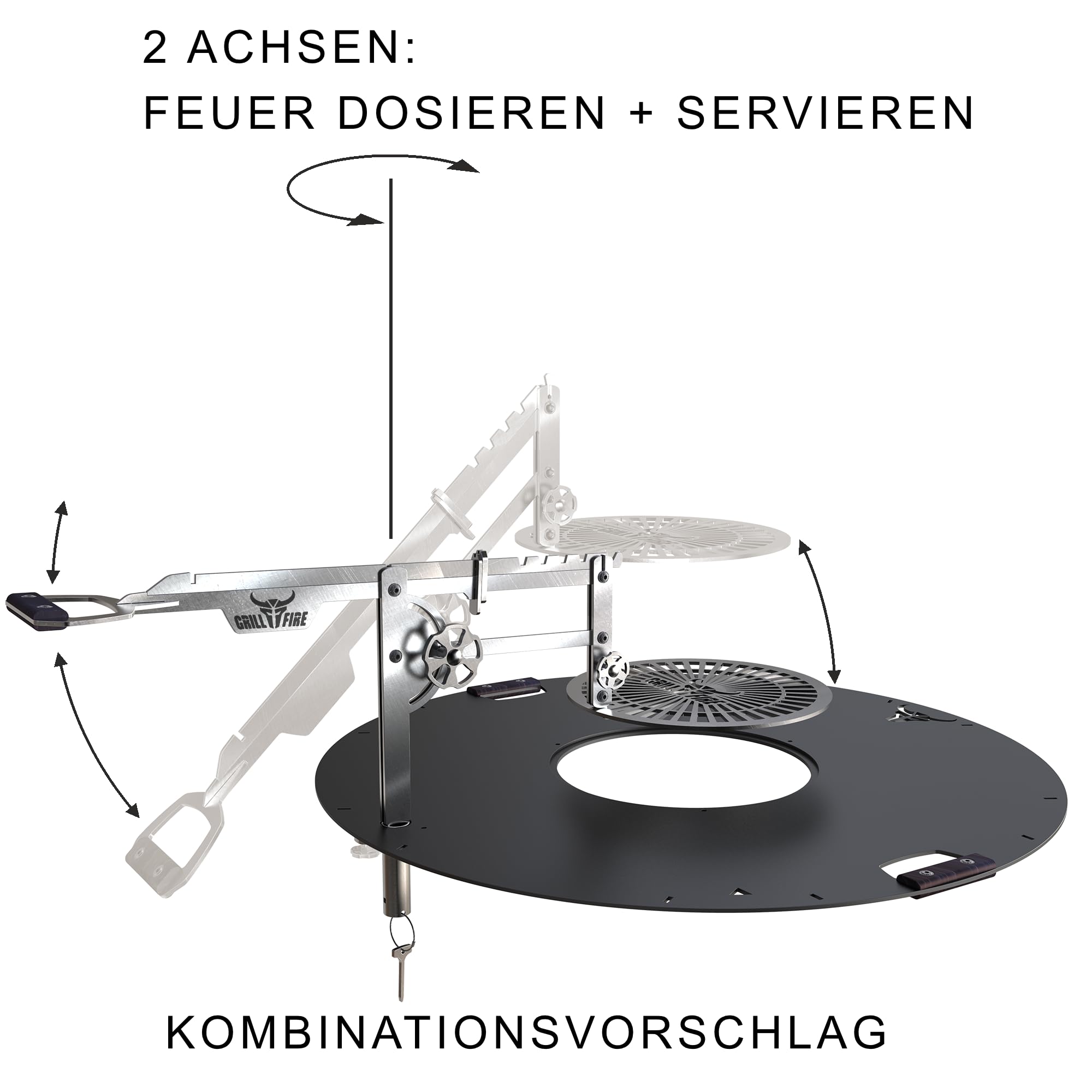 Grillfire XT-SET GRILLHAND – Höhenverstellbarer Edelstahl-Grillarm für FX-Feuerplatten | Werkzeuglos montierbar | Mit Lampenhalter & Zubehörfunktion für Dutch Oven & Schaukelrost