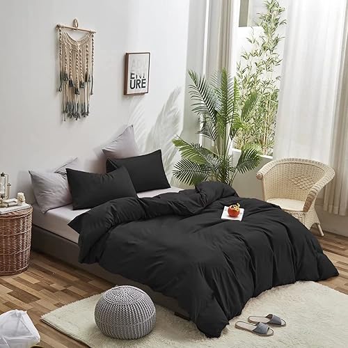 Miniatura 4 de Houseri Juego de edredón negro, juego de ropa de cama de color negro, tamaño matrimonial, para adolescentes, niños y niñas, color negro sólido,
