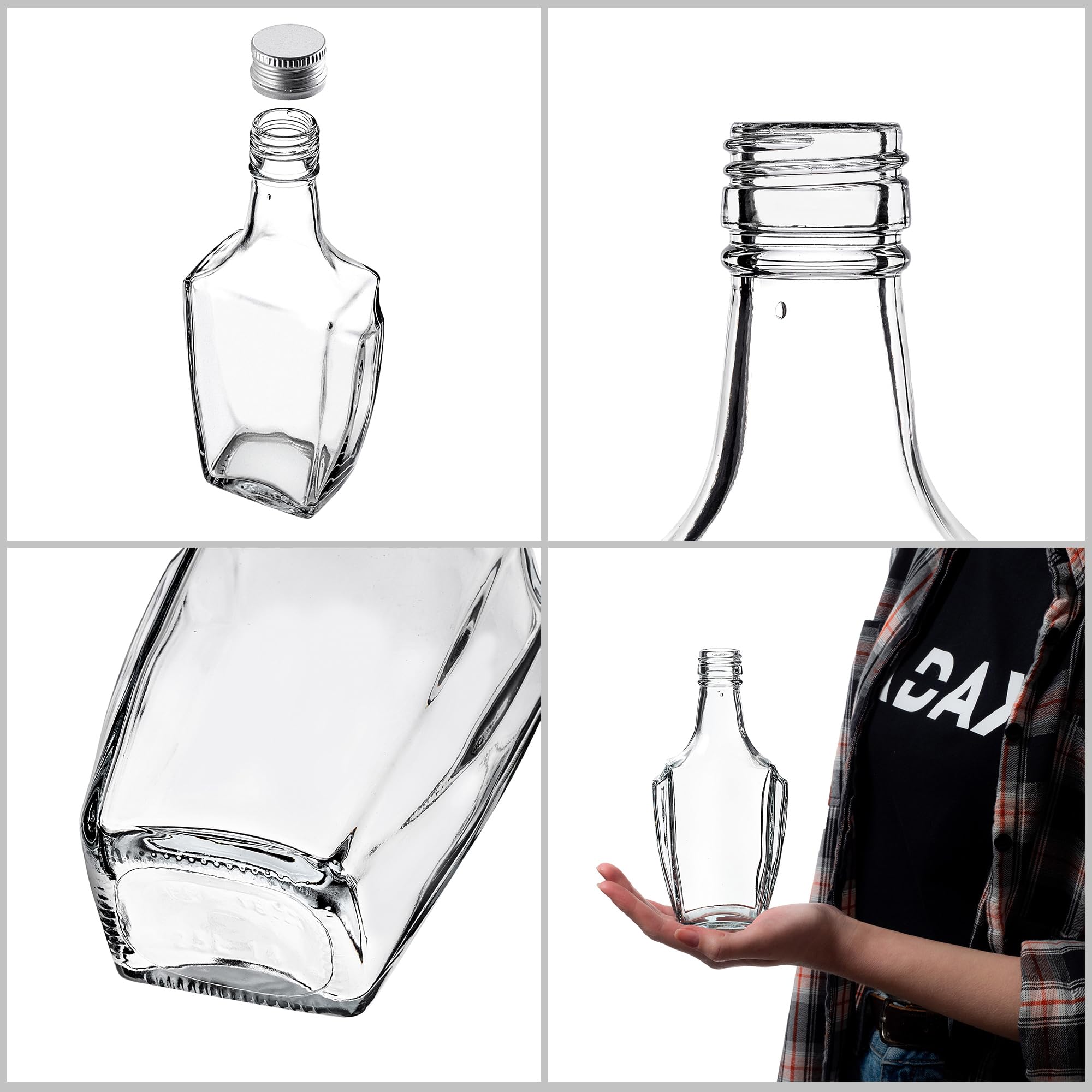 KADAX Botellas de cristal de 250 ml con tapón de rosca, 50 unidades, botellas vacías para rellenar, botellas de licor de cristal, pequeñas botellas de licor, botellas de zumo (plata)