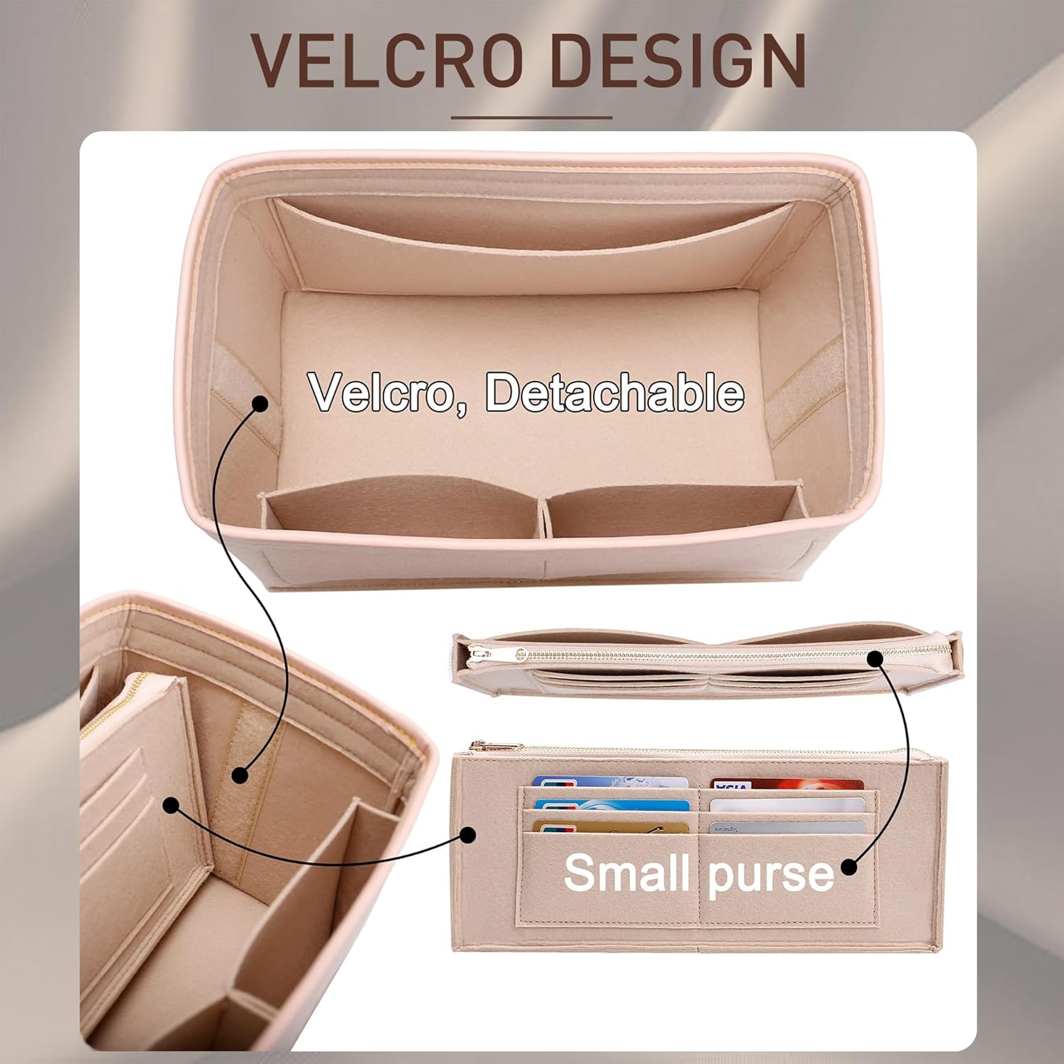 Doxo Purse Organizer Insert for Handbags & Base Shaper 2pc Set with Zipper, Felt Bag Organizer for Tote, Purse Organizer for LV Speedy 25/30/35 Neverfull MM Le Pliage L Tote Bag and More(Brown-L) - Image 5