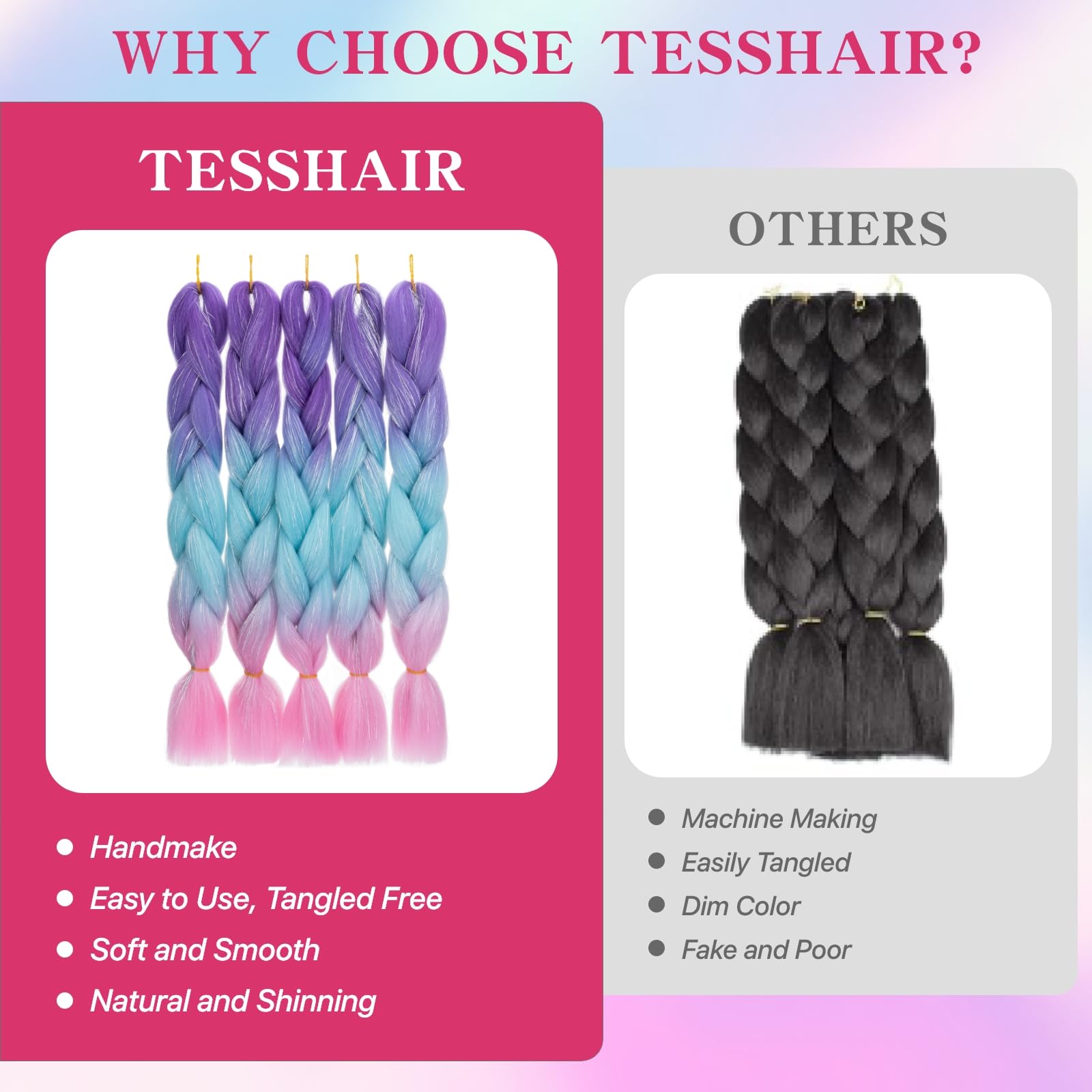 tesshair Braiding Hair Extensions 24 Inch Jumbo Braiding for Twist Braiding Synthetic Fashion Braids Extensions Hair Natural Braid Extensions for Women Grils (Purple-Sky Blue-Pink - Image 3