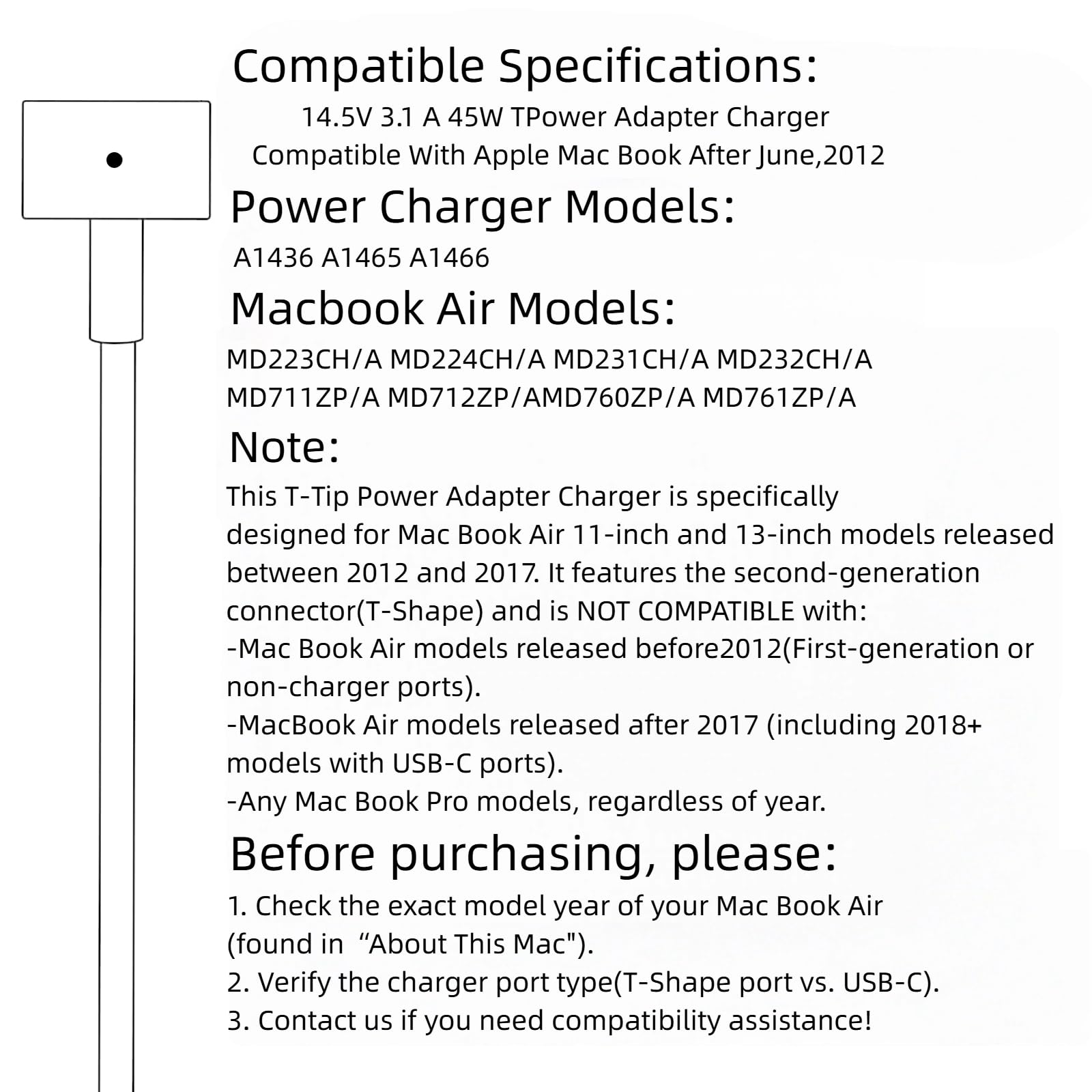 SCOVEE 60W T-Tip Caricatore MacBook Pro, Adattatore T-Tip 60W Rapido Compatibile con Mac Book Air & Mac Book Pro 11 '' e 13 '' pollici 2012~2018,Modello A1425, A1435, A1502, A1465