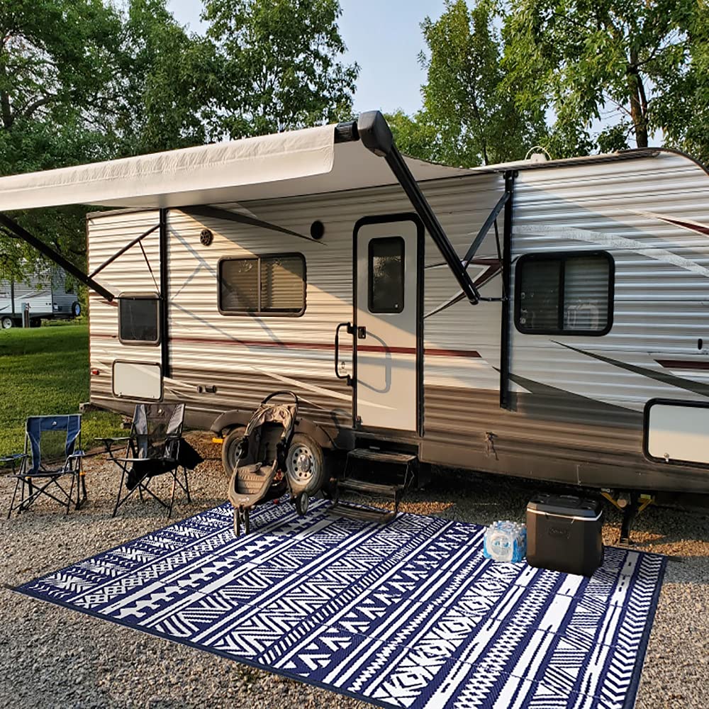 HICOOE 6x9' Outdoor Rug for Patio Plastic Straw Camping Mat Woven Area Reversible Rugs for RV Trailer Awning Floor Balcony Backyard Deck (Deep Blue & White)