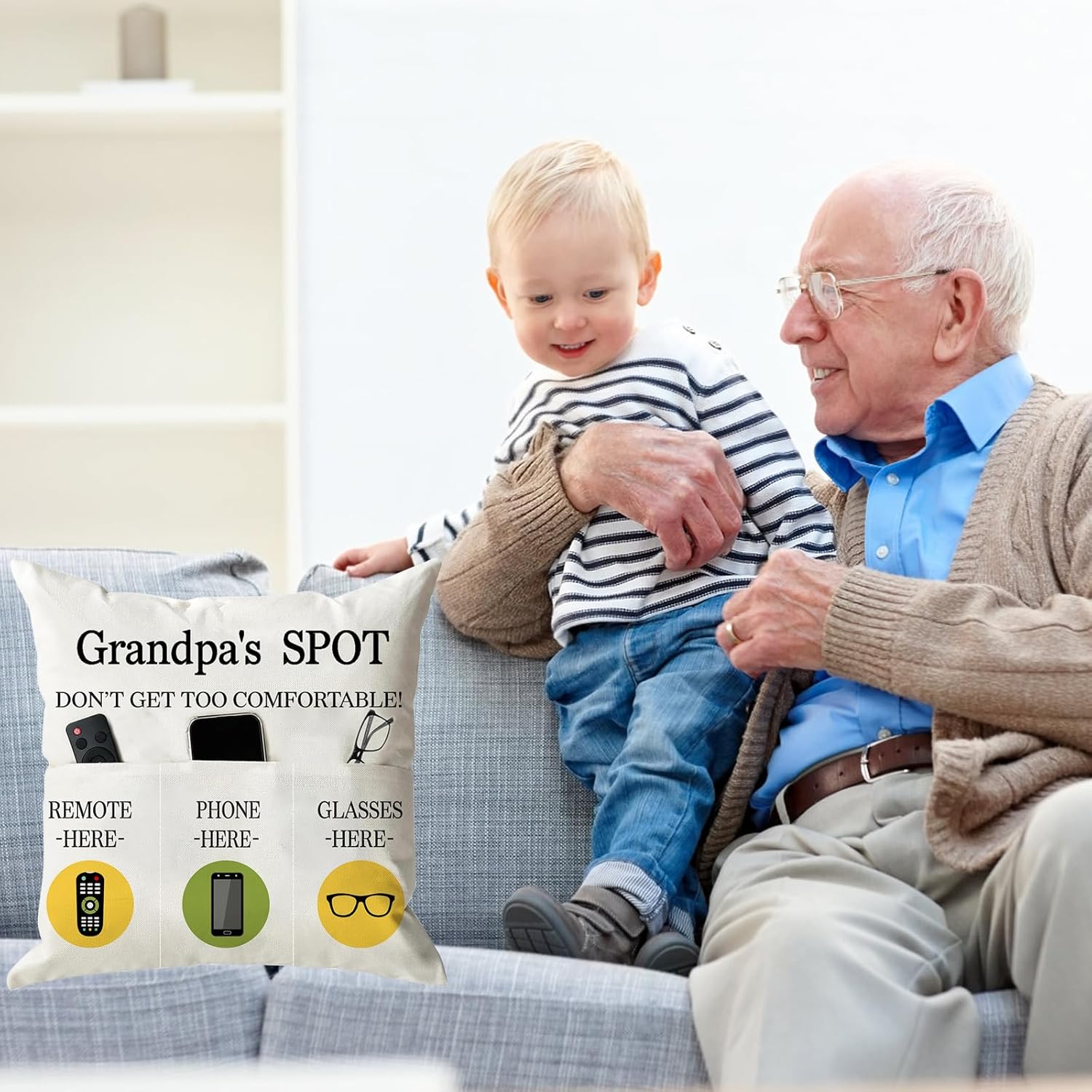 ONFAON Grandpa Gifts,Grandpa's Spot Throw Pillow Covers 18x18 Inch,Put Phone Glasses and Remote Control Pillowcase,Birthday Christmas Thanksgiving Day Gifts for Grandpa Stepdad,3-Pocket - Image 2