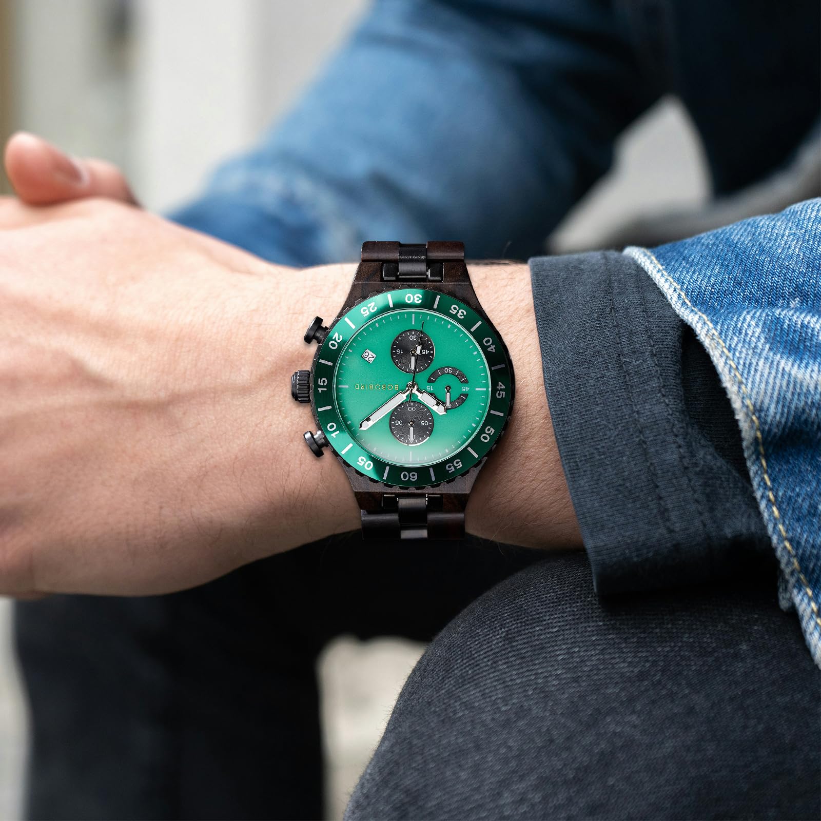 2win Relojes de madera personalizados para hombre, movimiento japonés, ébano, verde, multifunción, para cumpleaños, aniversario, para él, marido, novio, con caja de regalo