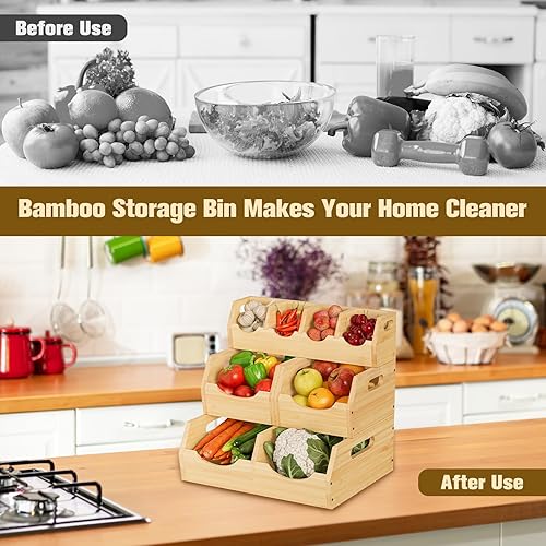 Miniatura 6 de Contenedores de almacenamiento de despensa de bambú de 3 niveles mejorados, contenedor de almacenamiento apilable para papas y cebollas, cestas de