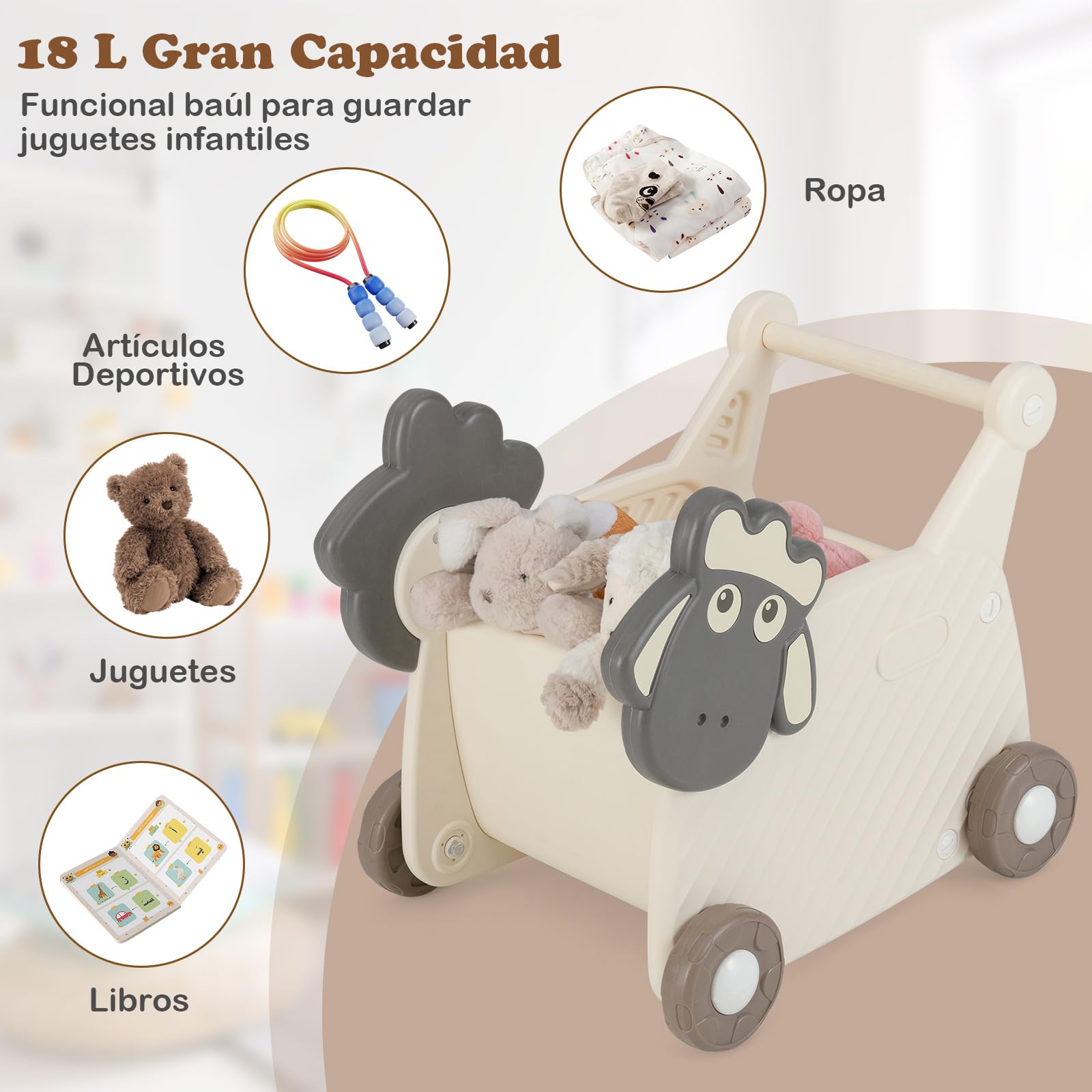 COSTWAY Andador para Bebés en Forma de Oveja, Carrito de Almacenamiento de 18L para Niños, Andador Infantil de 4 Ruedas para Desarrollo de Habilidades Motoras,Carrito de Empuje para Niños de 3+ Años
