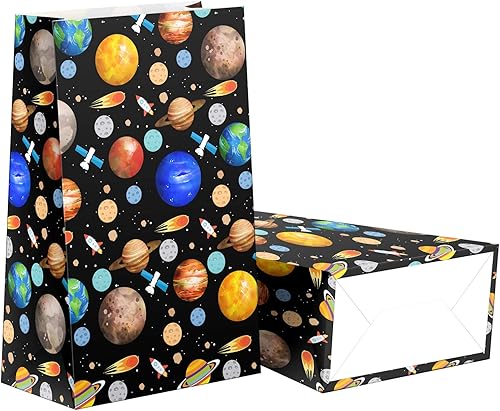 Miniatura 3 de Paquete de 24 bolsas de dulces para fiestas del espacio exterior con calcomanías, bolsas de regalo espaciales, suministros para fiestas de