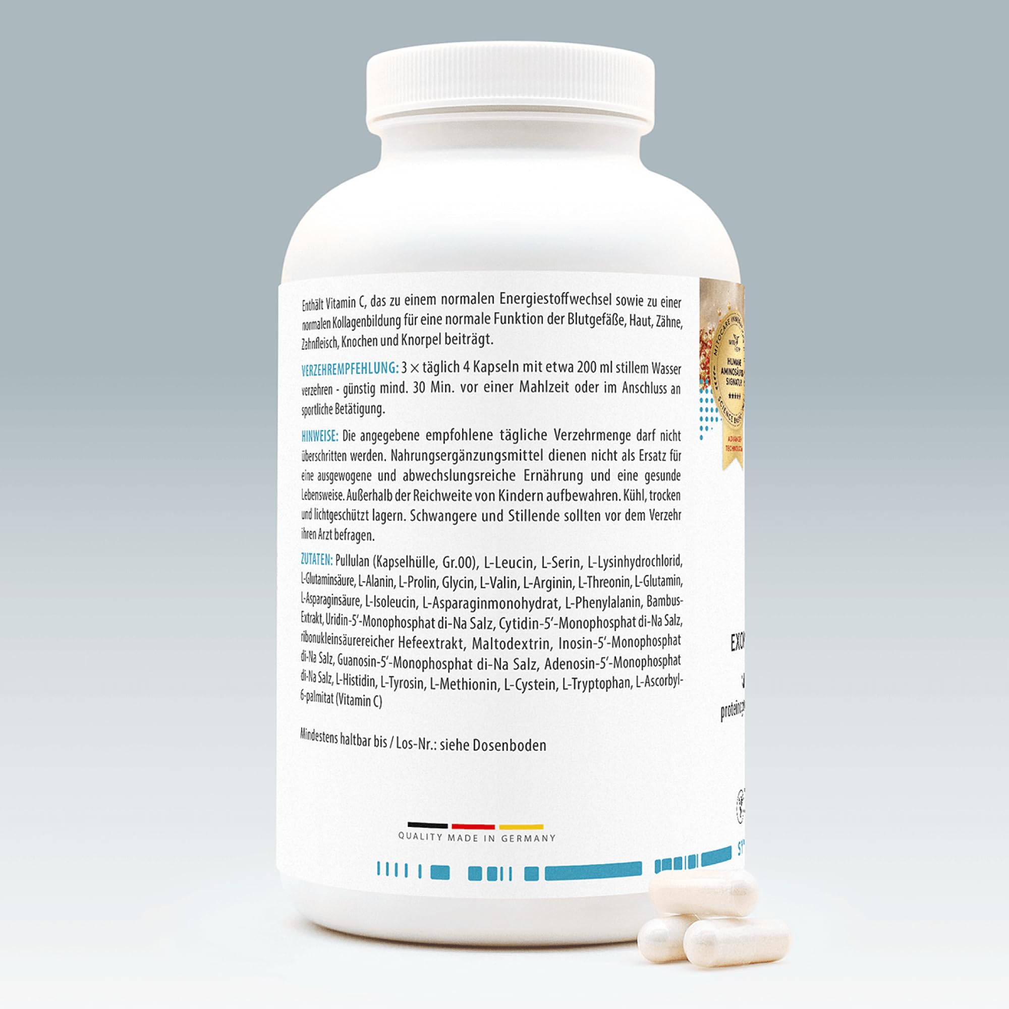 EAP (Exome Amino Acid) Aminosäuren Komplex - 20 essentielle Amino-Säuren nach DNA Bauplan - Vorratspack mit 180 Kapseln - Monatspackung mit 360 Kapseln - Produziert in Deutschland