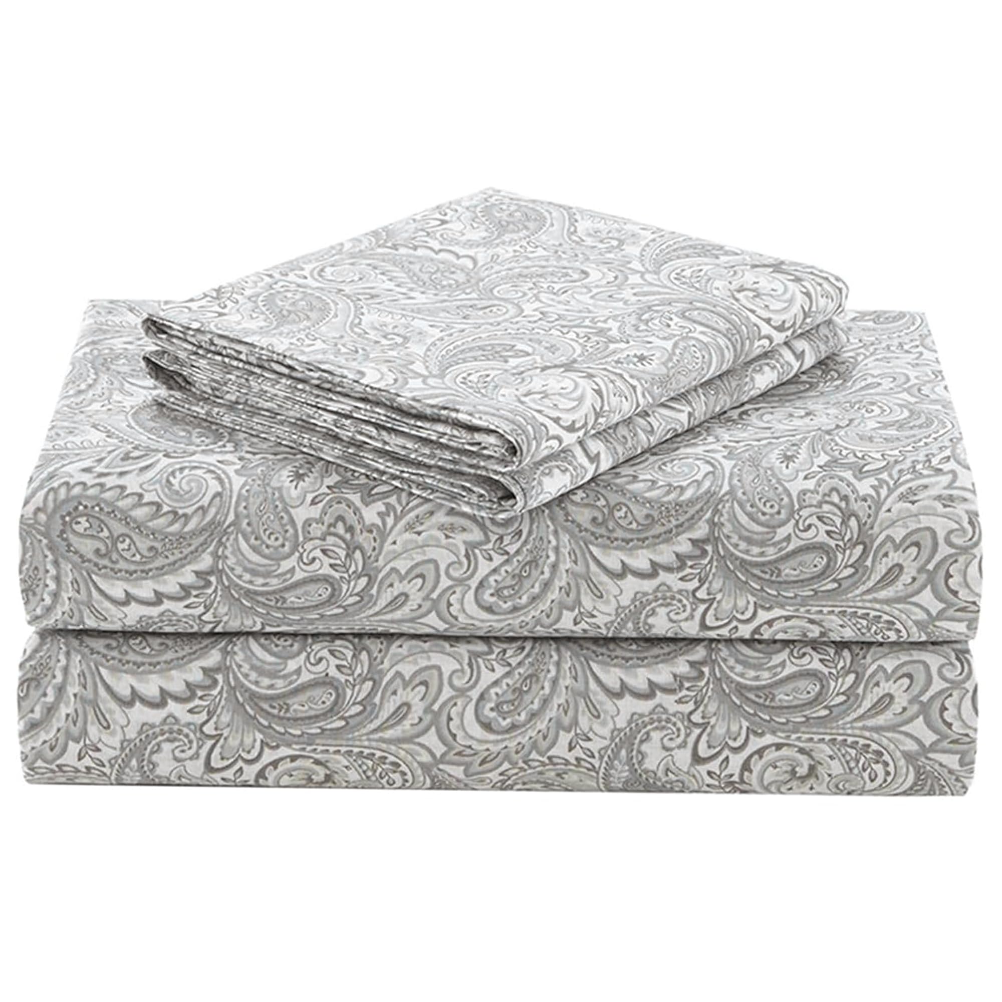 Comfort Spaces 100% Cotton Percale 4 Piece Set Ultra Soft Breathable Deep Pocket Printed Paisley Pattern Sheets With Pillow Cases Bedding, Cal King, Grey