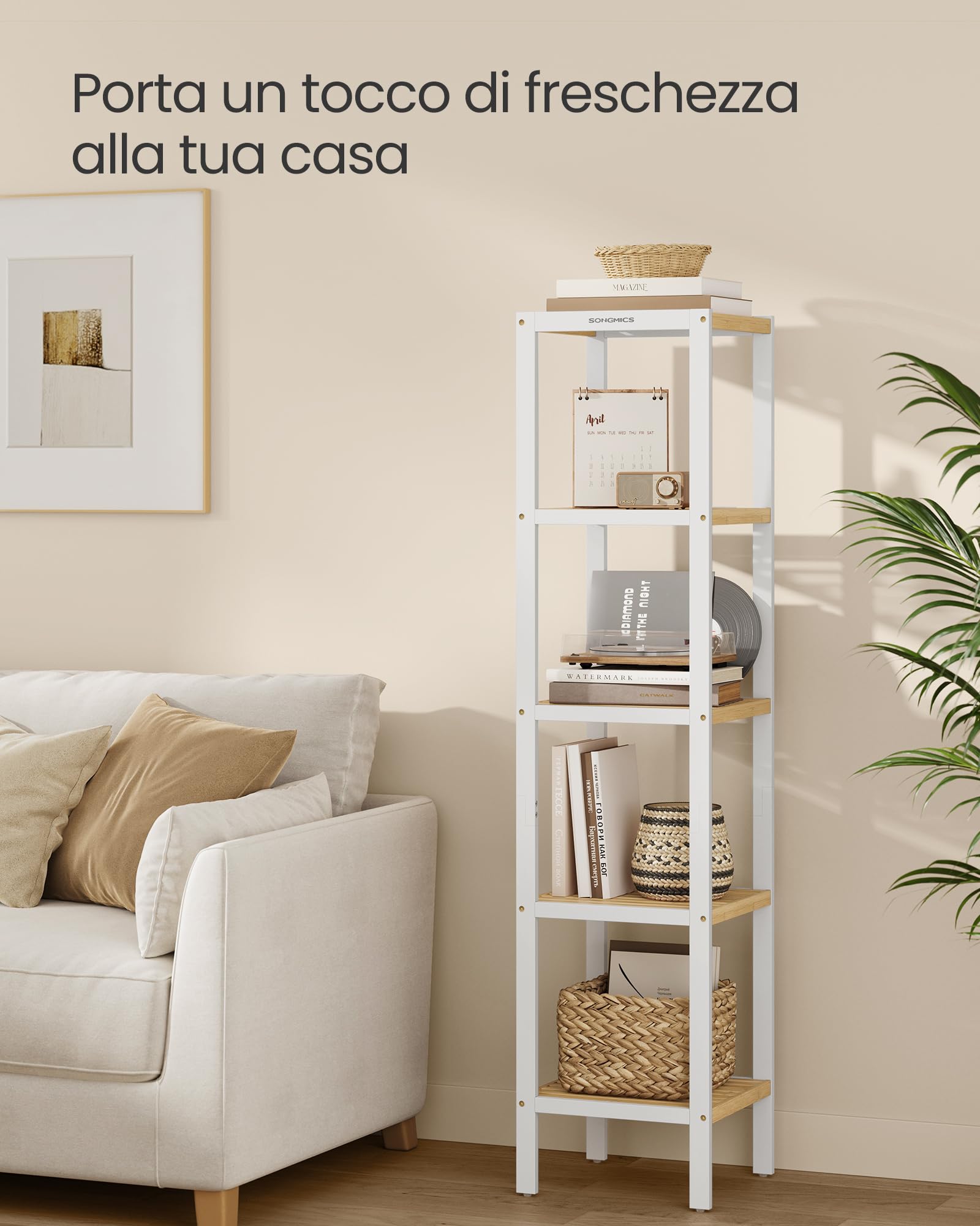 SONGMICS Scaffale da Bagno in Bambù a 5 Ripiani, Scaffale Stretto Multifunzione, Scaffale ad Angolo, per Cucina, Soggiorno, Camera da Letto, Corridoio, Bambù Chiaro e Bianco Nuvola BCB055N01