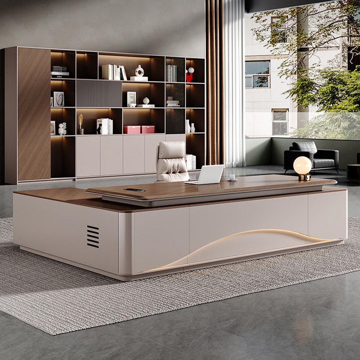 DUWEIKE L-Shaped Executive Desk with Drawers, Large Modern Office Table with Storage Shelves & Built-In Outlet, Home Writing Computer Desk for Work Study,1.8m