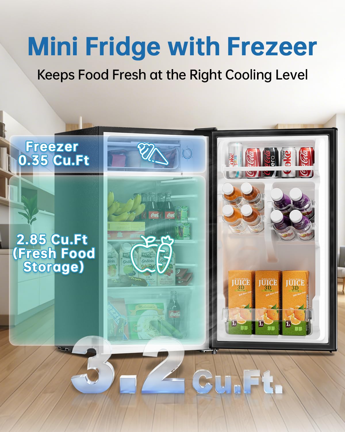 Frostorm 3.2 Cu Ft Mini Fridge with Freezer - Energy Efficient, Large Capacity Single Door Upright Freezer for Bedroom, Office & Dorm | Small Fridge, Reversible Door, ETL Certified(Black) - 3