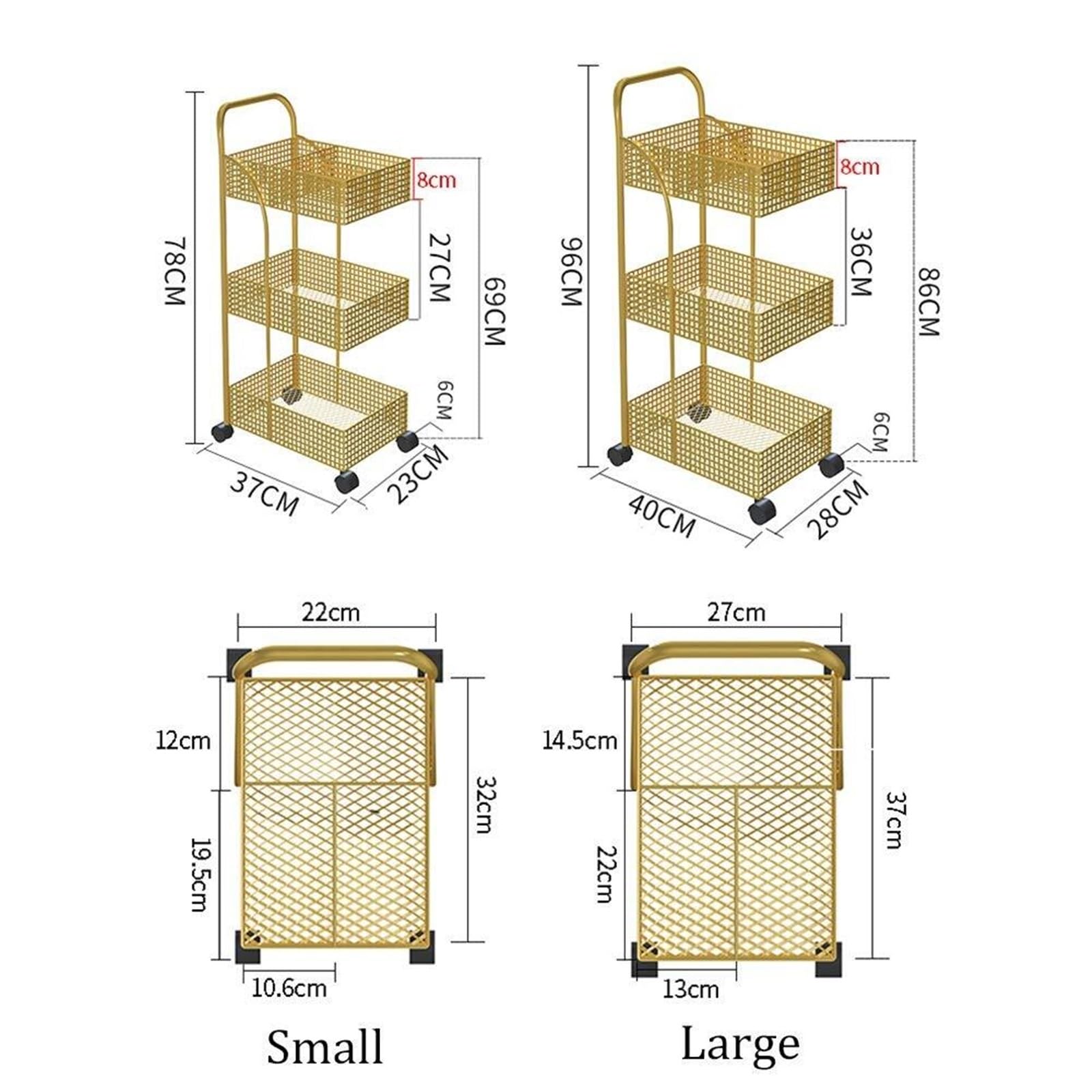 Scaffale da cucina a 3 ripiani con ruote, multiuso, per bagno, ufficio, nero, grande